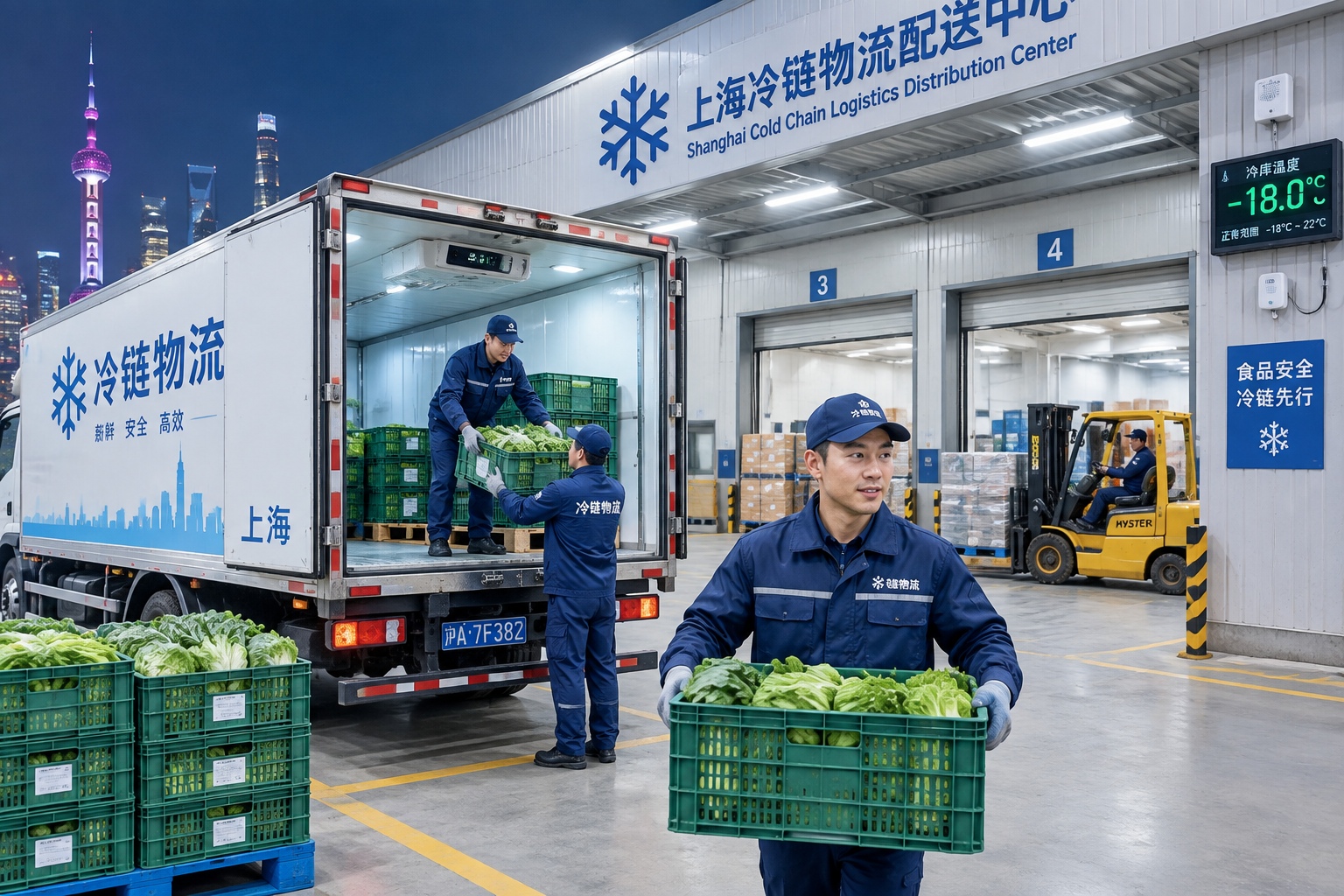 That Spoonful of Greens Traveled a Thousand Kilometers: The Invisible Supply Chain Behind China's School Lunches 24 Workers unloading vegetable crates from a refrigerated truck at a Shanghai distribution center at night.