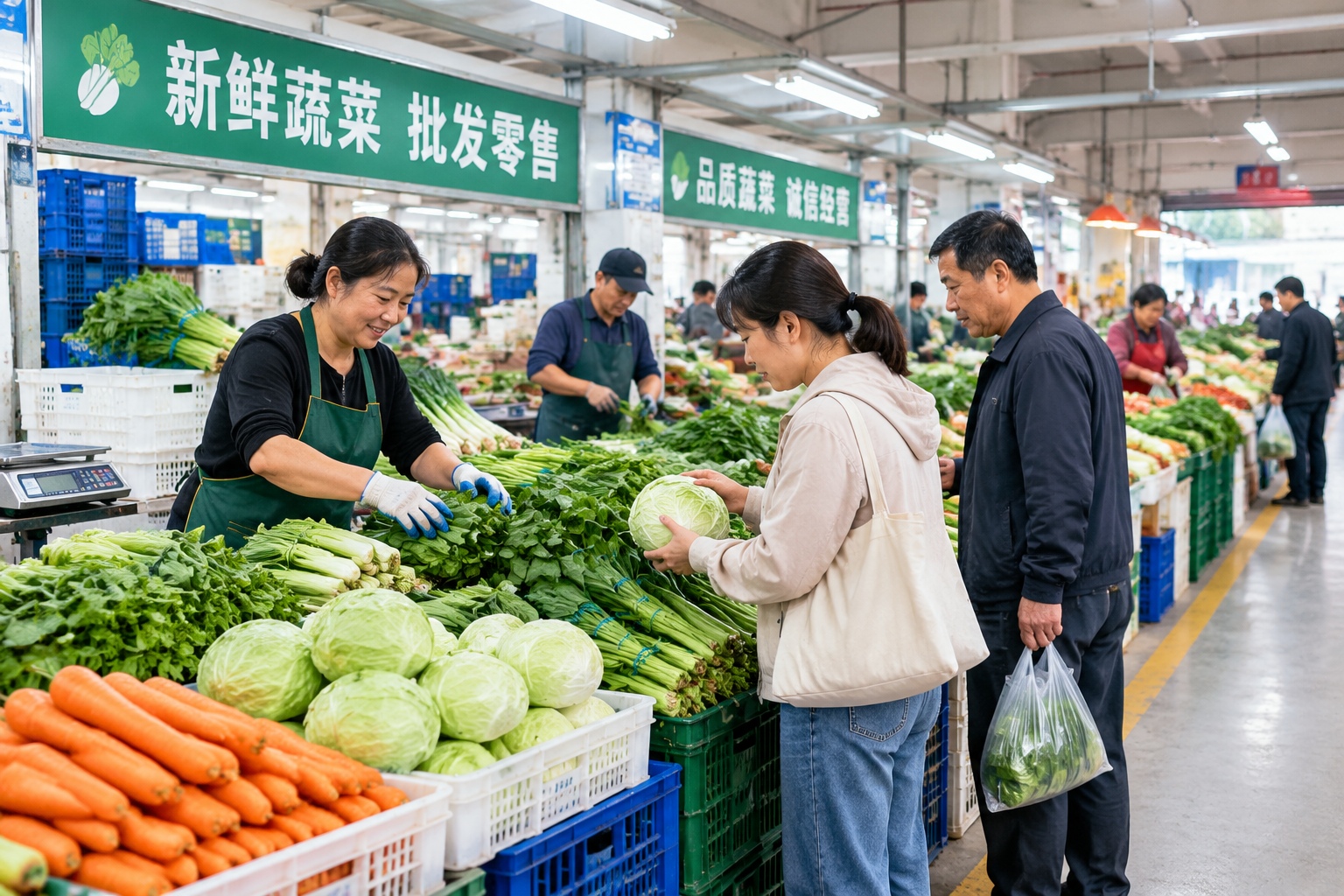 Fresh vegetables on display at a Chinese wholesale market, with buyers inspecting produce.