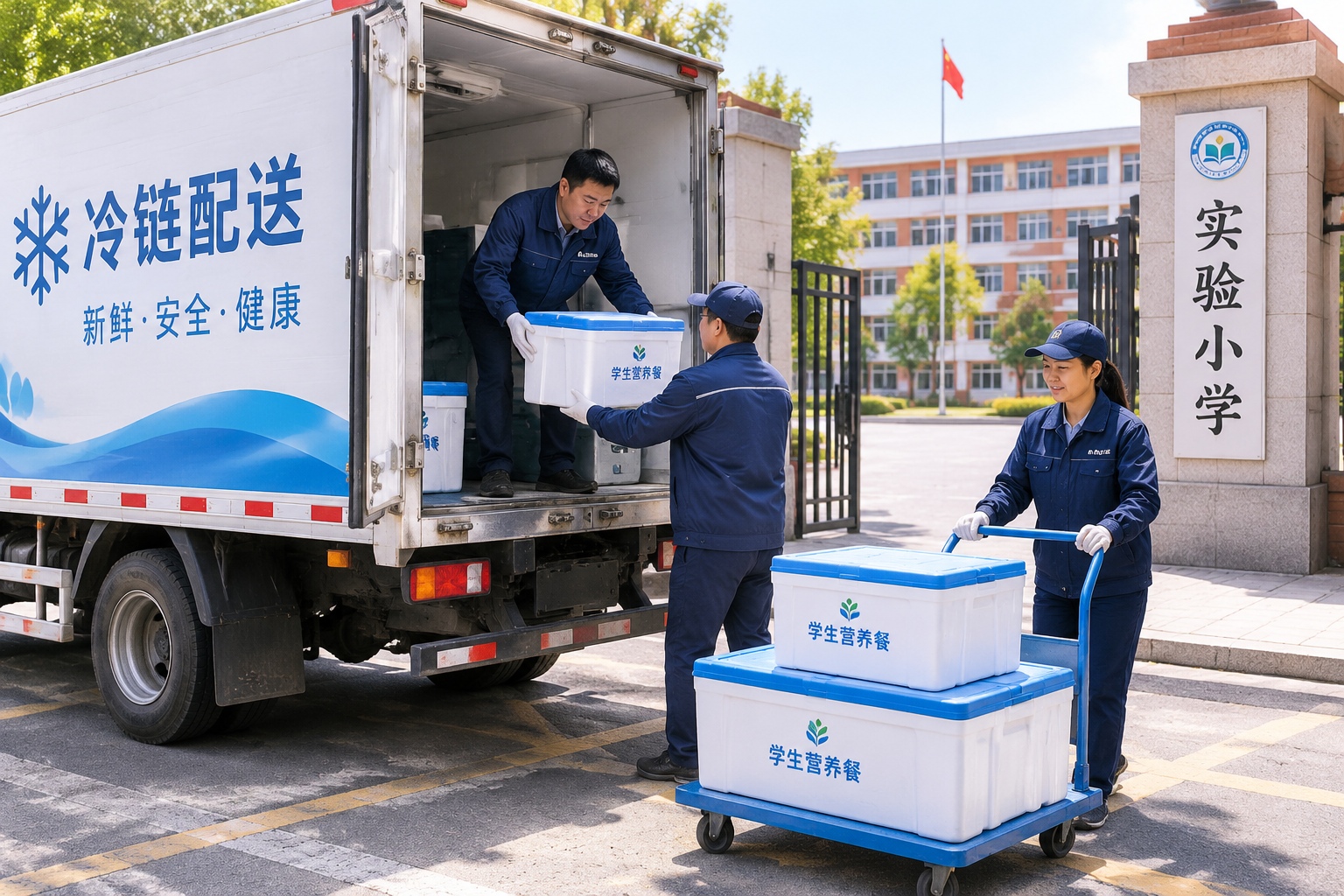 Workers unloading food containers from a refrigerated truck at a school gate in China.