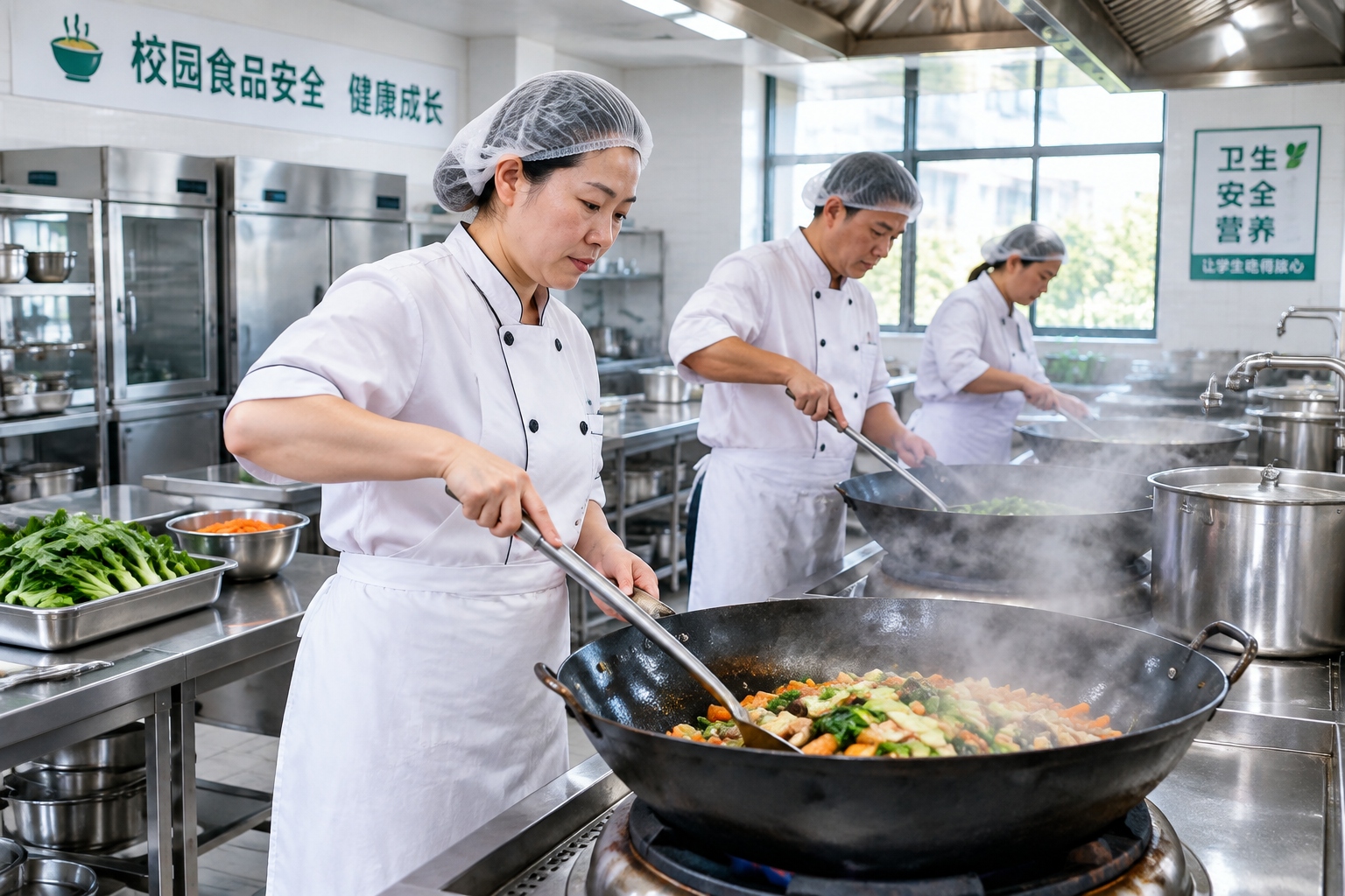 Cooks preparing meals in a Chinese school kitchen, stirring large woks.