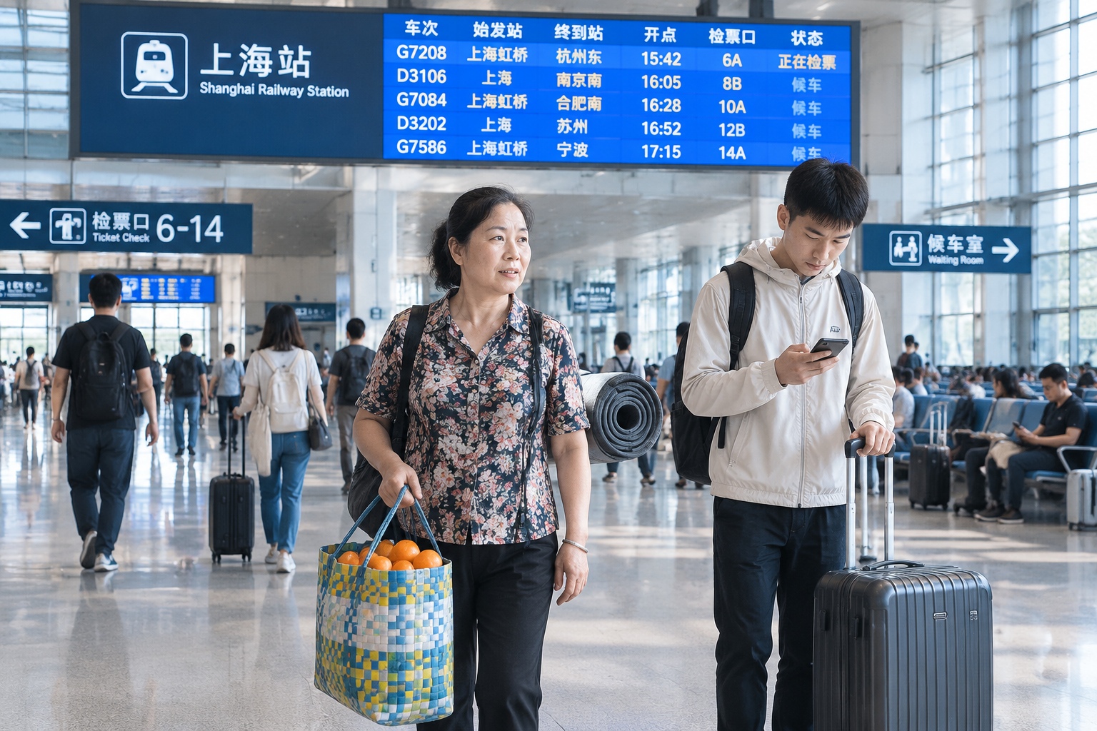 Passengers waiting with luggage and a bag of oranges in the main hall of Shanghai Railway Station before a long-distance train