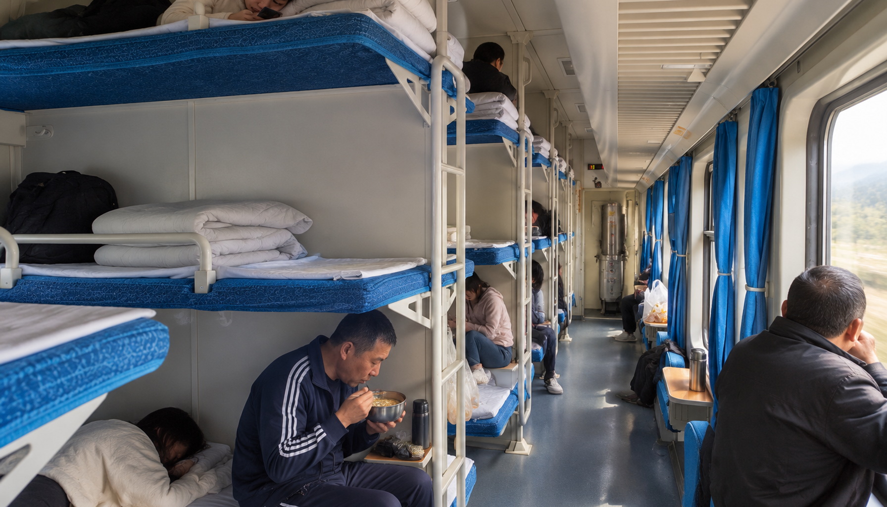 Interior of a Chinese hard sleeper train carriage with three-tier bunks, folded quilts and a passenger eating on the lower berth