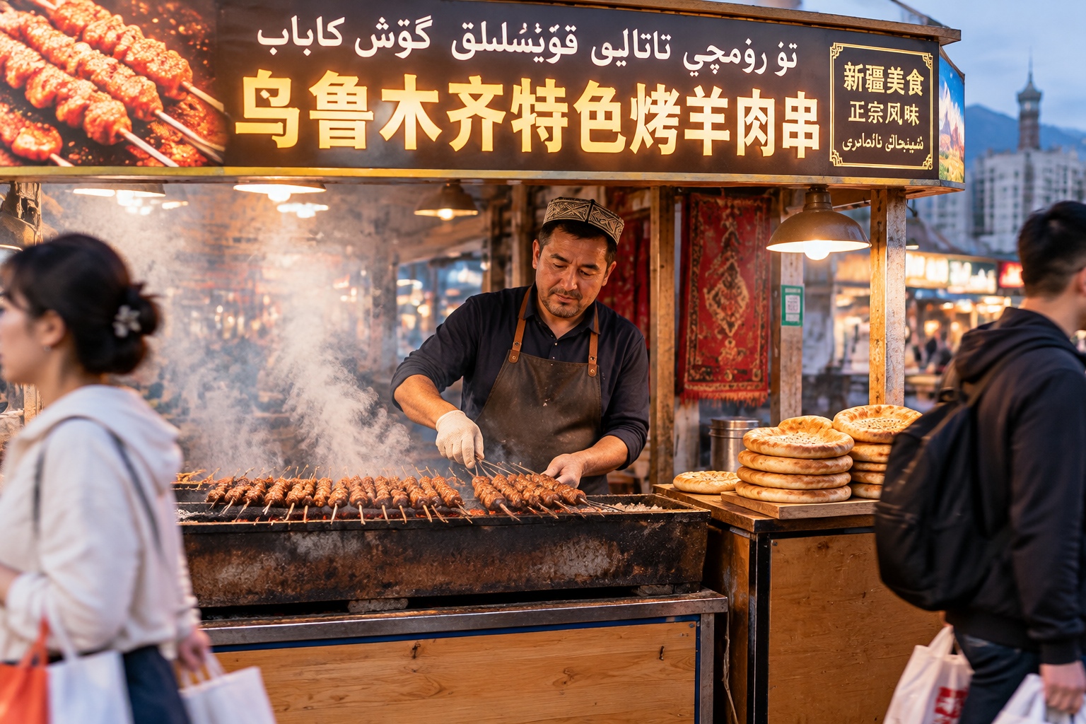 Night market vendor grilling lamb skewers over charcoal beside stacked naan at a street stall in Urumqi, Xinjiang