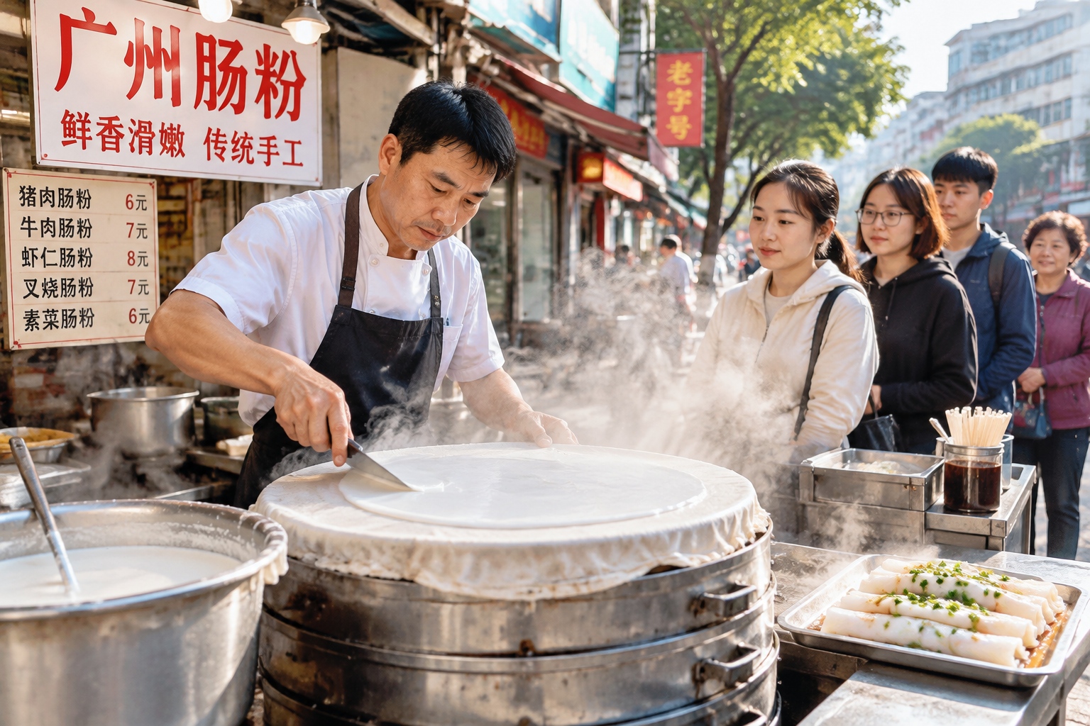 Breakfast in China: From Rice Noodle Rolls in Guangdong to Roujiamo in Xi'an 22 Street vendor in Guangzhou spreading rice batter on a cloth steamer to make rice noodle rolls for breakfast.