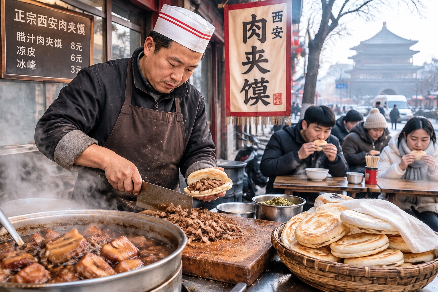 Breakfast in China: From Rice Noodle Rolls in Guangdong to Roujiamo in Xi'an 23 Xi'an street vendor chopping braised pork and stuffing it into a bun for roujiamo, a popular Chinese breakfast.