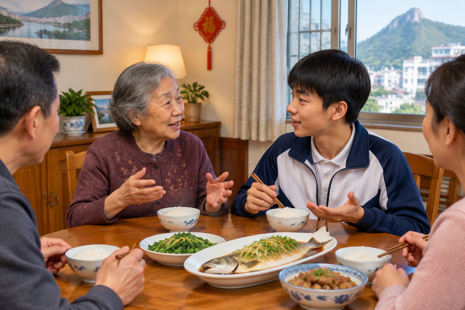 An elderly Chinese grandmother speaking Taishanese at a family dinner while her teenage grandson listens and answers in Mandarin