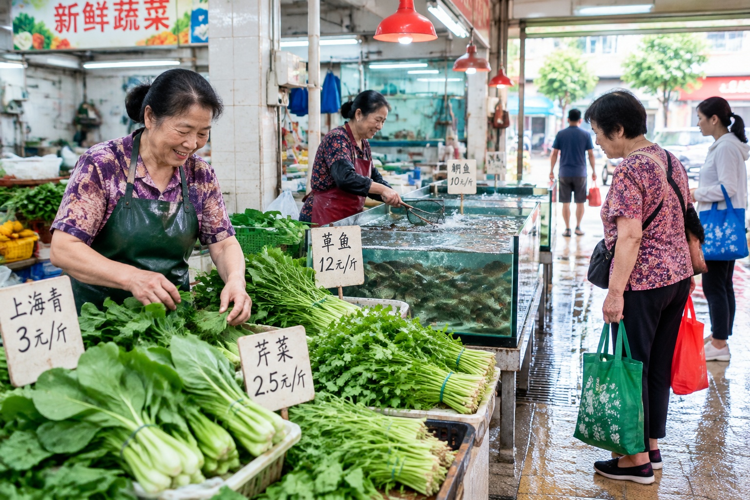 Vendors chatting in Cantonese at a busy wet market in Guangzhou while customers shop for vegetables and fish