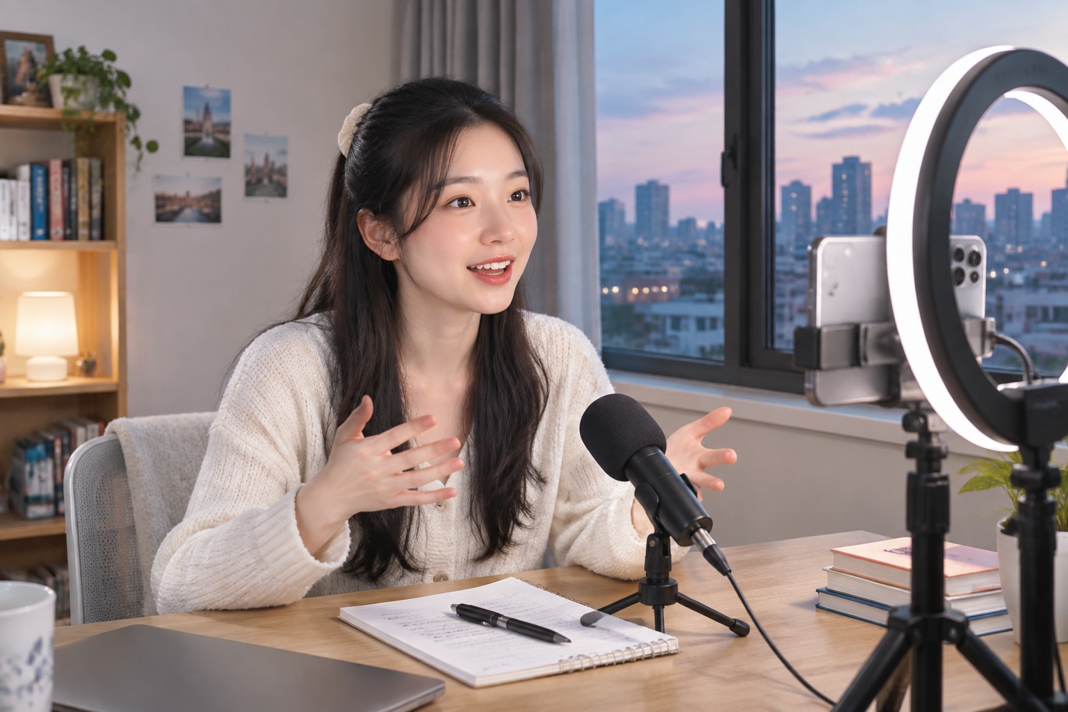 A young Chinese woman recording a dialect video for social media at home with a phone on a tripod and a ring light