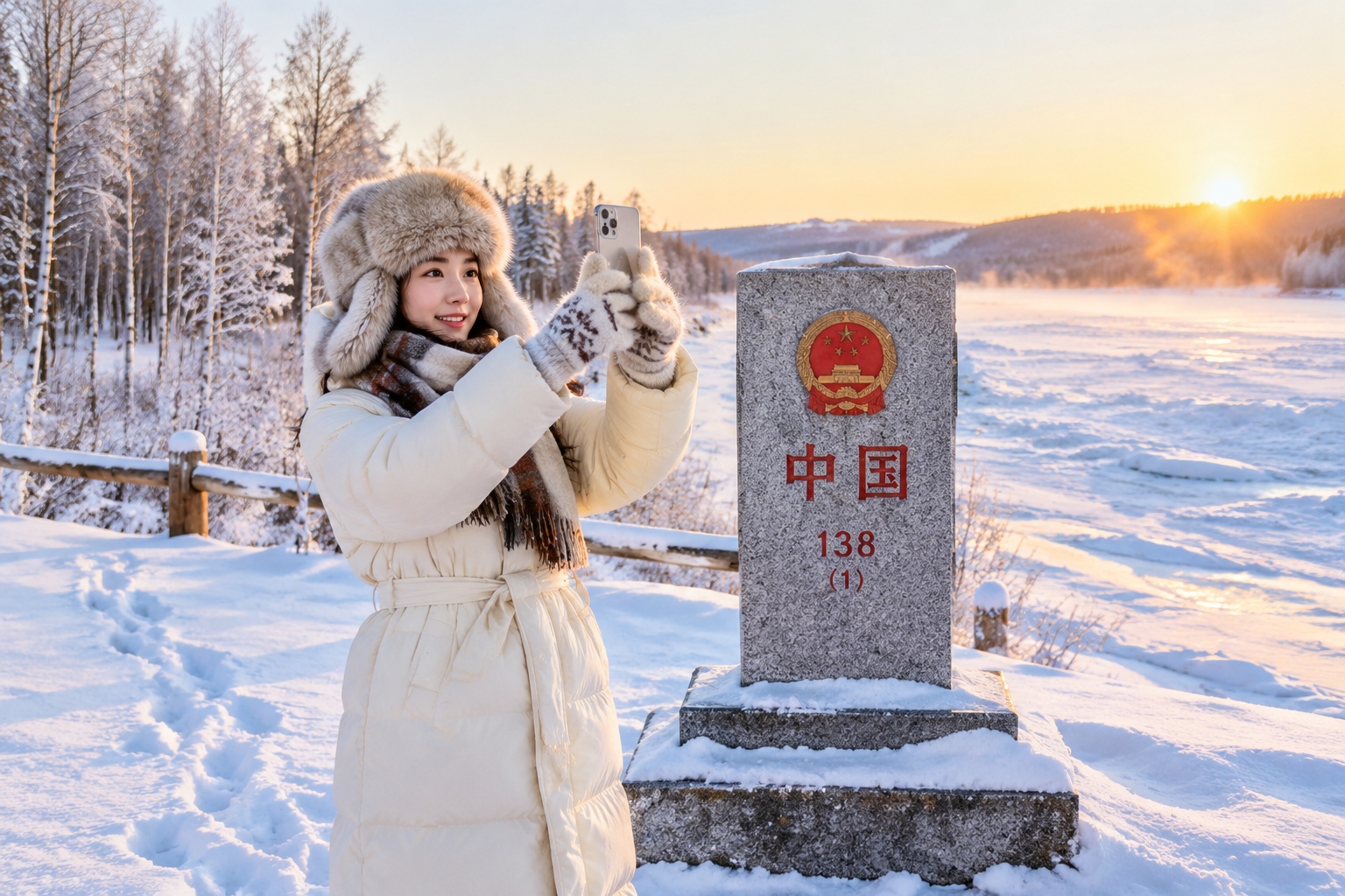 A woman in a heavy winter coat and fur hat photographing the China-Russia border marker beside the frozen Heilongjiang River in Mohe, China's northernmost city