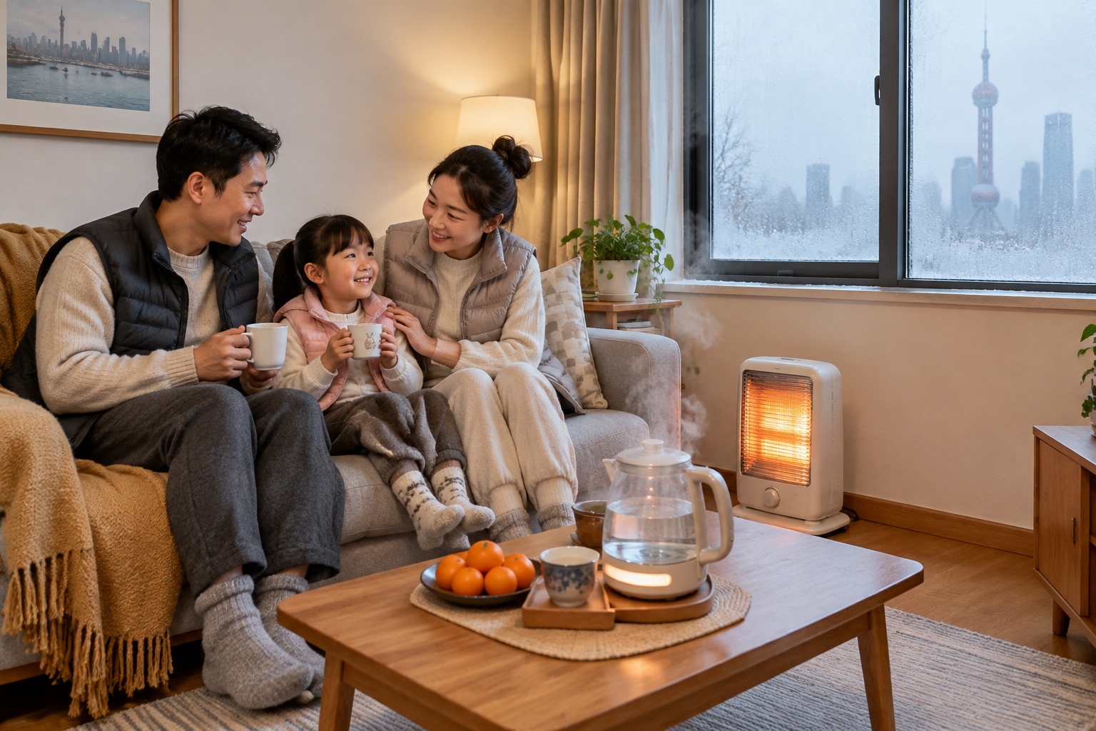 A family in a Shanghai apartment wearing sweaters and down vests indoors around an electric space heater during a winter without central heating