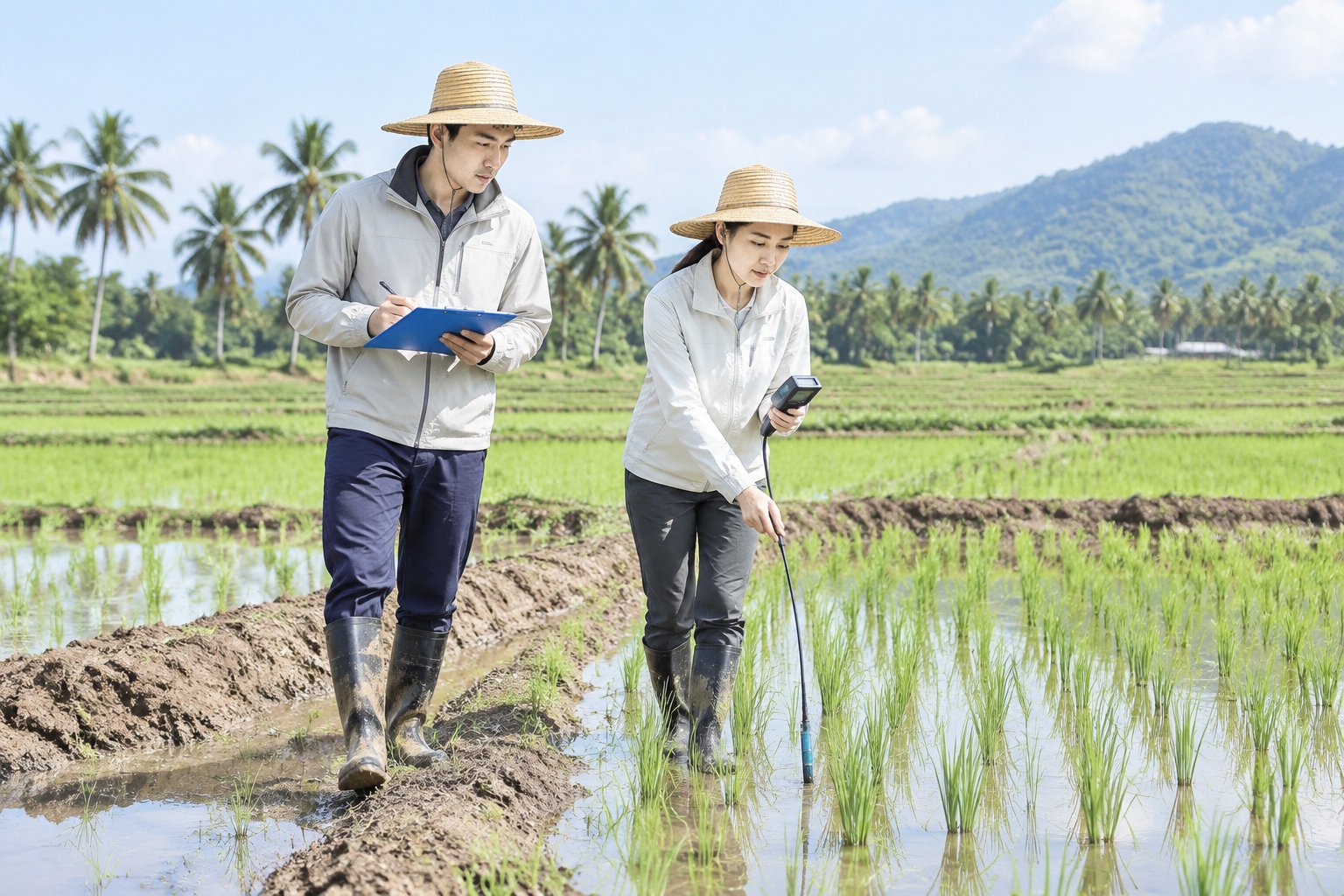 Agricultural researchers in straw hats inspecting rice seedlings in a flooded winter paddy field in Hainan, China's tropical seed-breeding base