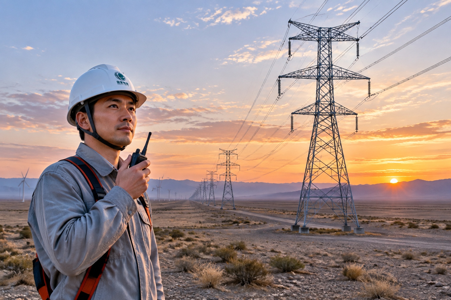 Steel lattice towers of an ultra-high-voltage direct-current transmission line crossing dry Gobi terrain at dusk in western China