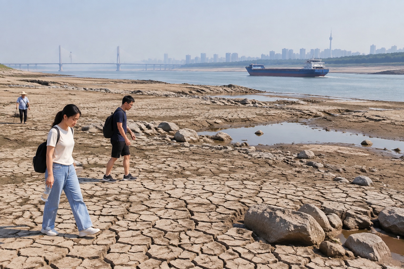 Exposed cracked riverbed of the Yangtze River near Wuhan during the 2022 drought with a cargo ship passing through the narrow navigation channel