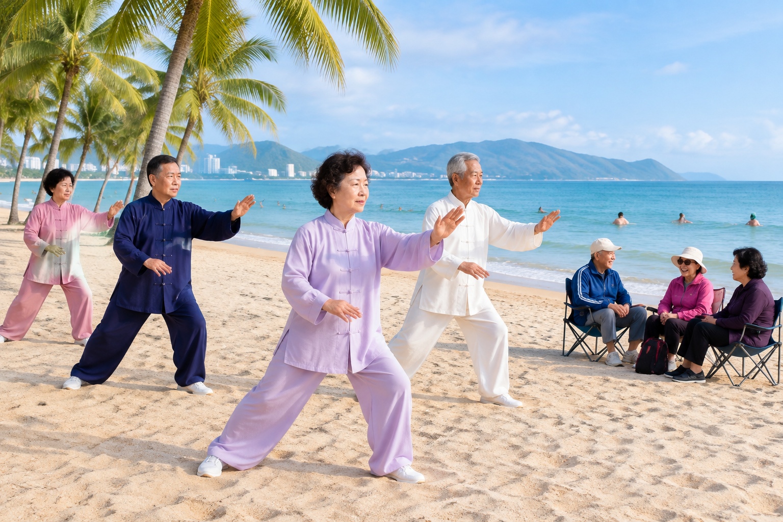Elderly winter visitors from northeastern China exercising on the beach at Sanya, Hainan, in January among palm trees and calm sea