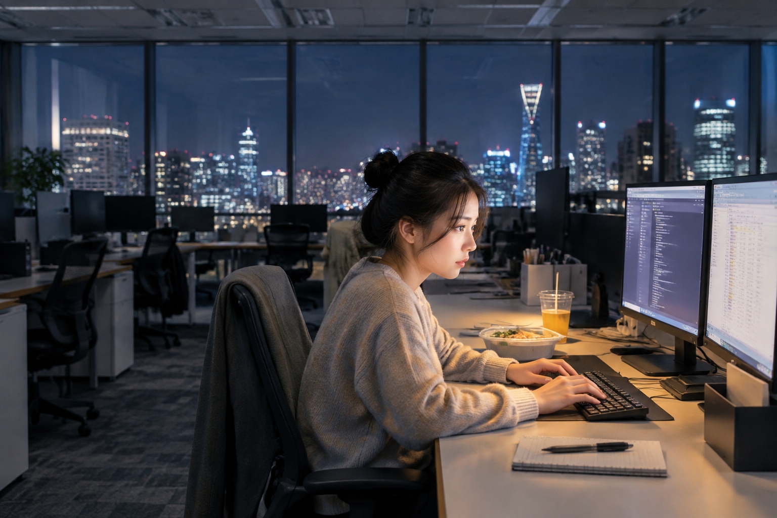 Between Beijing Offices and Yunnan Rice Terraces: Two Rhythms of Life in One Country 22 A young woman works alone at her desk on a mostly dark open-plan office floor in Beijing late at night, lit only by her two computer monitors.