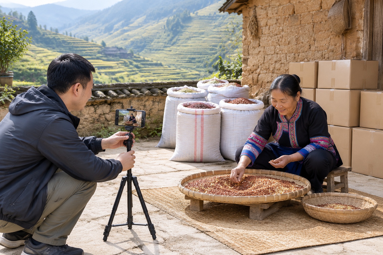 Between Beijing Offices and Yunnan Rice Terraces: Two Rhythms of Life in One Country 23 A man films a livestream with his phone in a village courtyard in Yuanyang, Yunnan, while an older woman sorts red rice on a bamboo mat and cardboard boxes wait to be shipped.