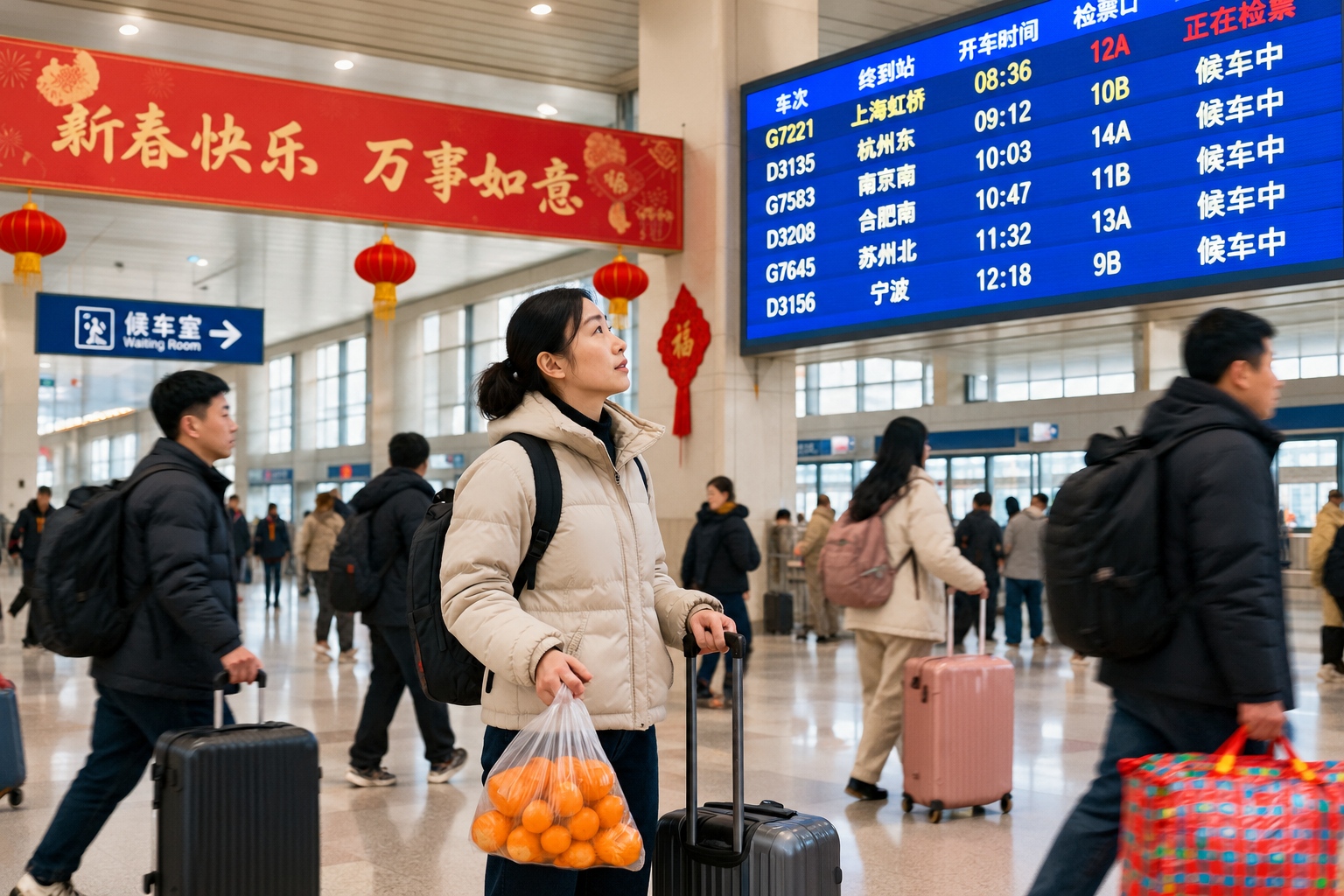 Between Beijing Offices and Yunnan Rice Terraces: Two Rhythms of Life in One Country 24 Passengers carrying suitcases and bags wait beneath an LED departure board at a Chinese railway station during the Spring Festival travel rush.