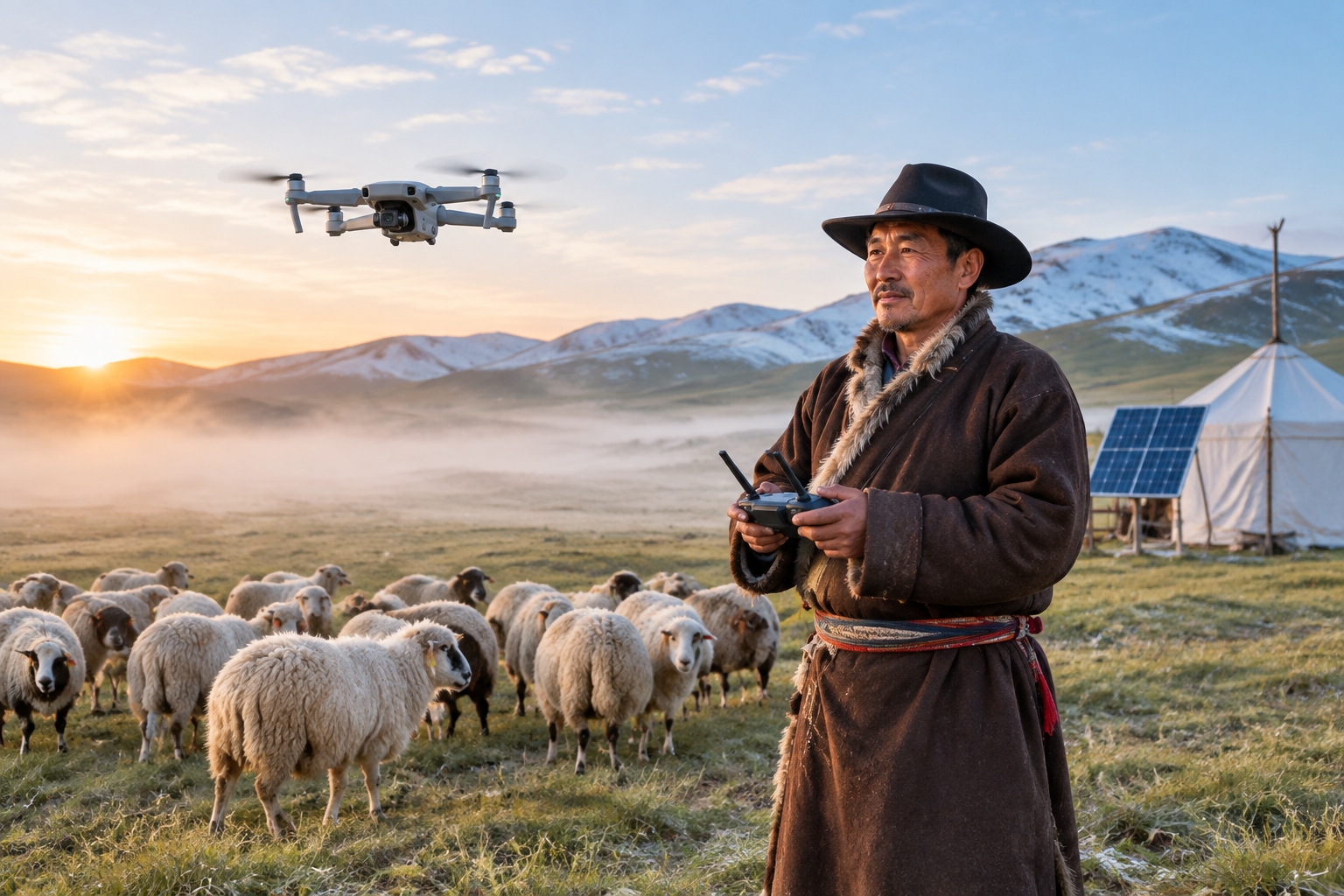 A herder in Gannan, southern Gansu, flies a small drone above his flock of sheep on the grassland at dawn
