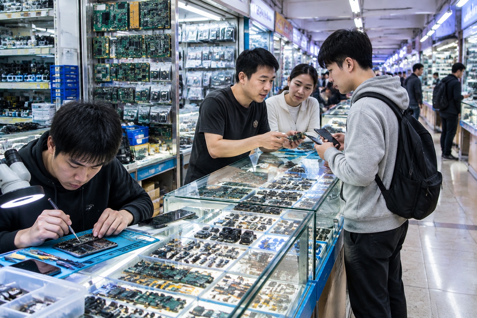 Interior aisles of the Huaqiangbei electronics market in Shenzhen, where vendors sell circuit boards and electronic components