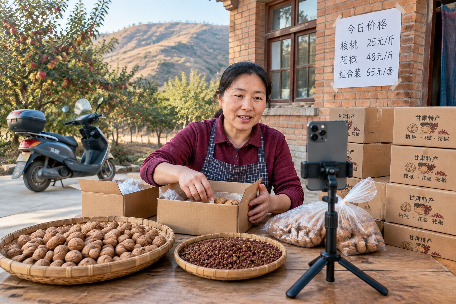 A farmer in rural Gansu packs walnuts and Sichuan pepper into boxes for online orders while livestreaming on her phone