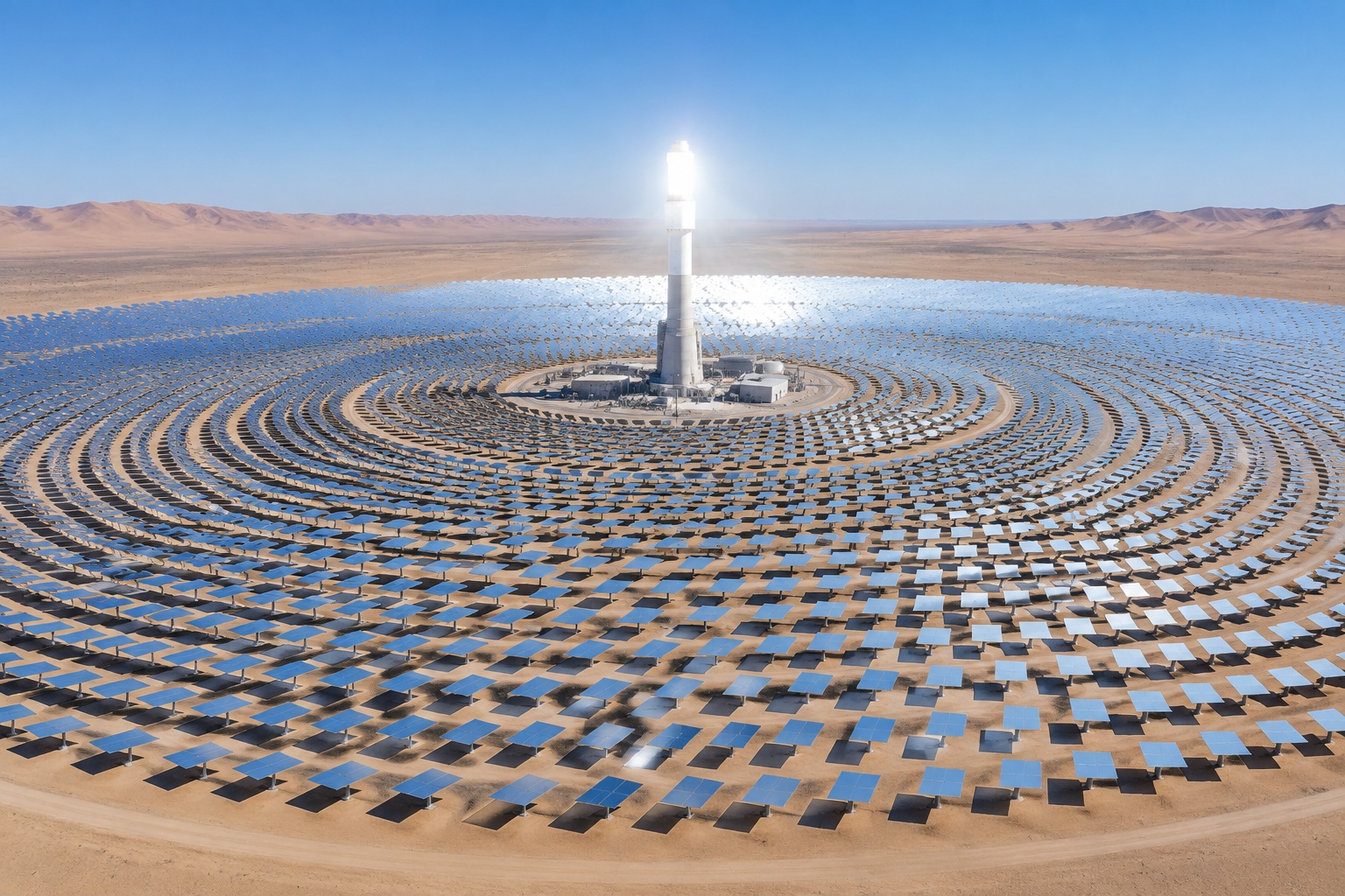 Thousands of mirrors in concentric rings focus sunlight onto a central tower at a concentrated solar power plant near Dunhuang, Gansu