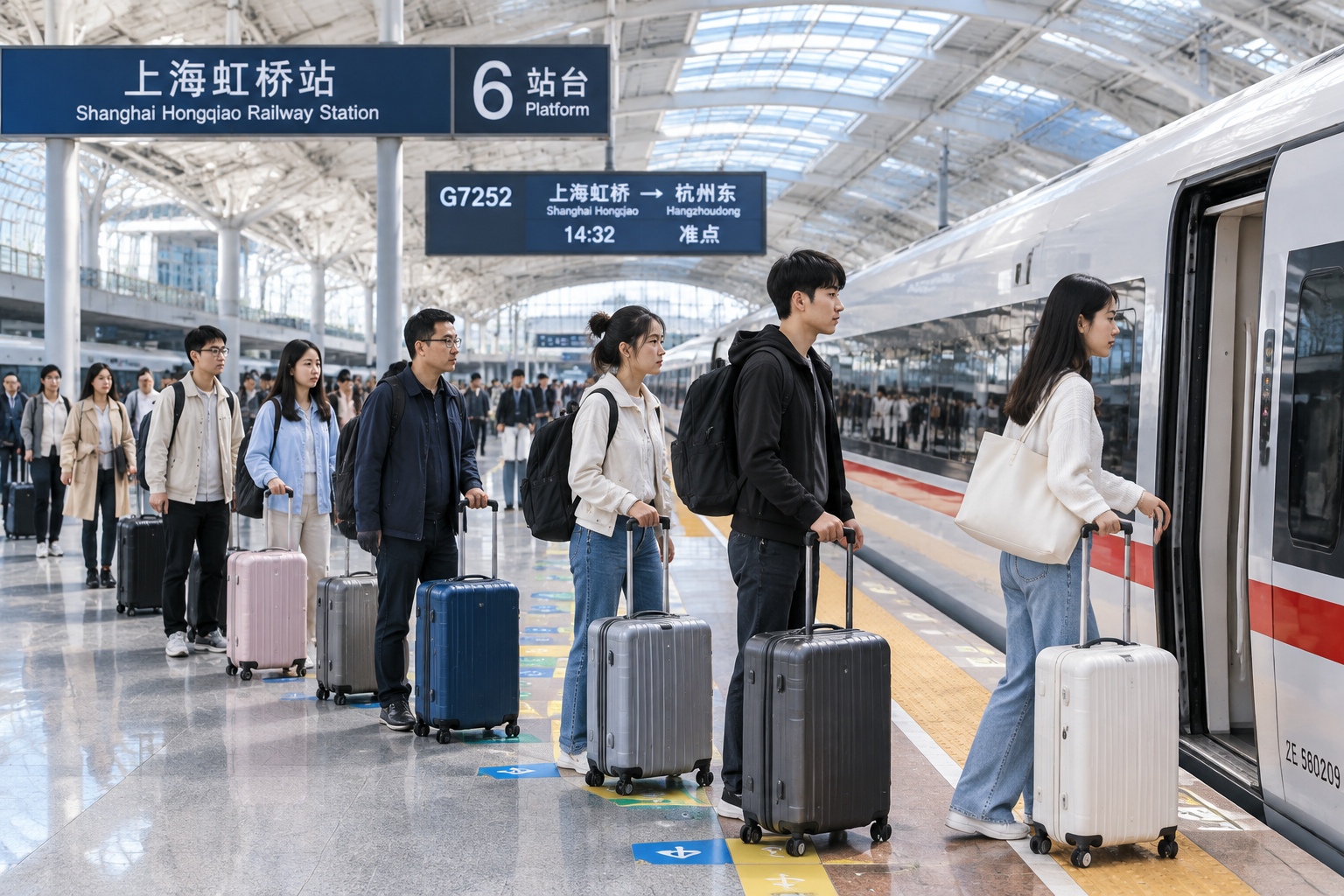 24 Hours on a High-Speed Train: From China's Coast to Inland Deserts 22 Passengers with suitcases queuing beside coloured floor markers on the platform at Shanghai Hongqiao Railway Station before boarding a high-speed train
