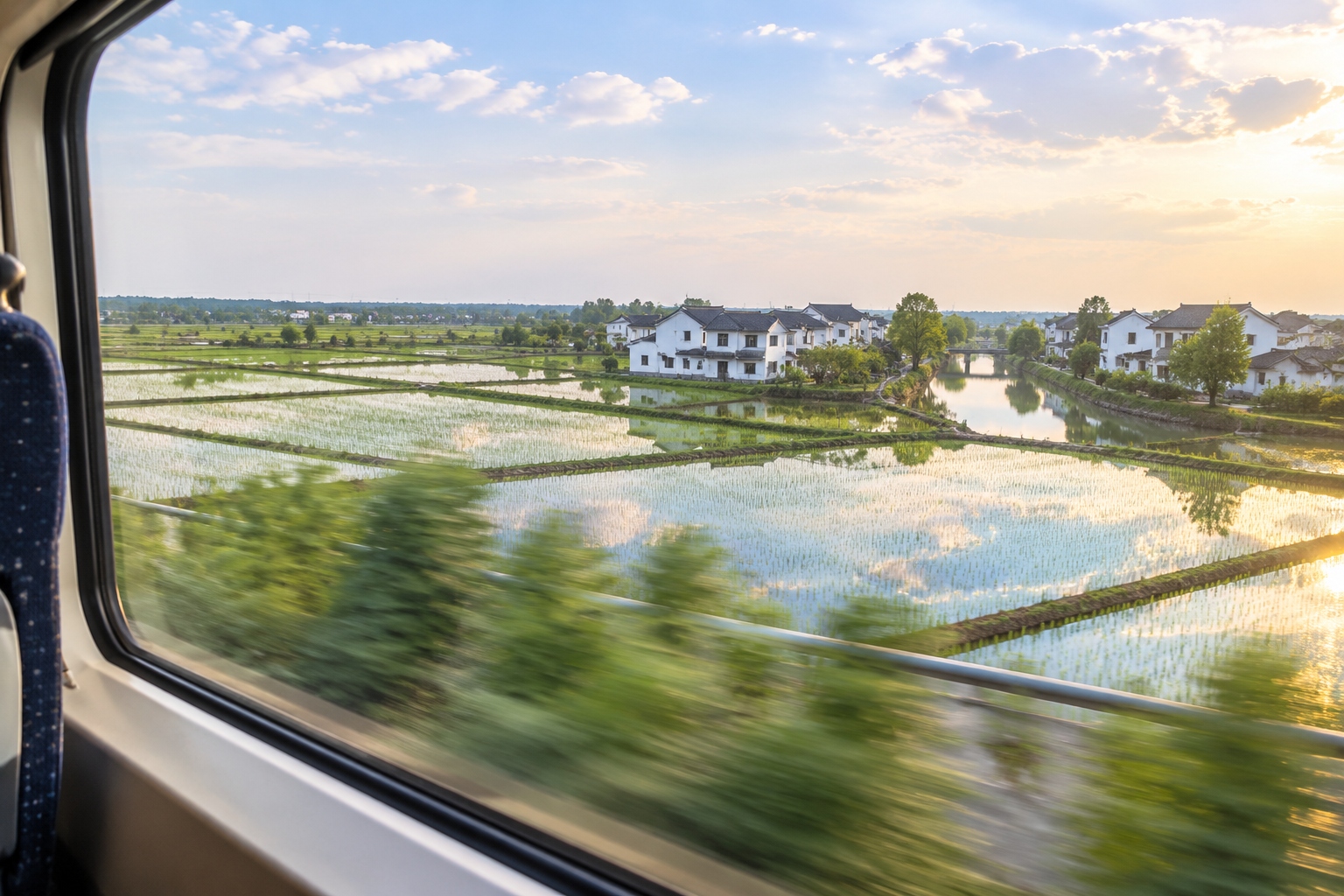 24 Hours on a High-Speed Train: From China's Coast to Inland Deserts 23 Flooded rice paddies and a village with a canal seen through the window of a moving high-speed train in the Yangtze River delta