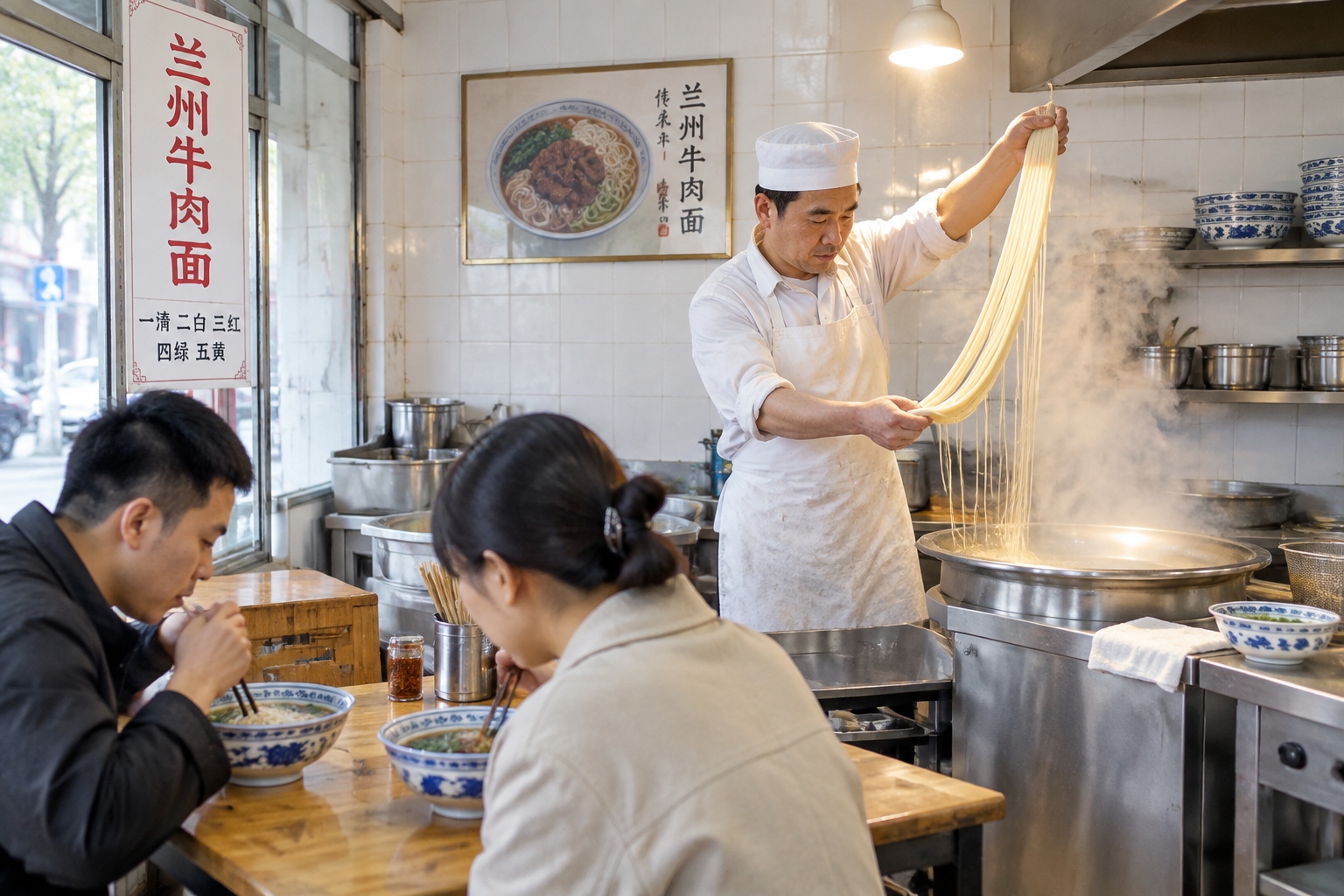 24 Hours on a High-Speed Train: From China's Coast to Inland Deserts 24 A chef pulling fresh noodles by hand in a small Lanzhou beef noodle shop at six in the morning, with customers eating at a narrow table