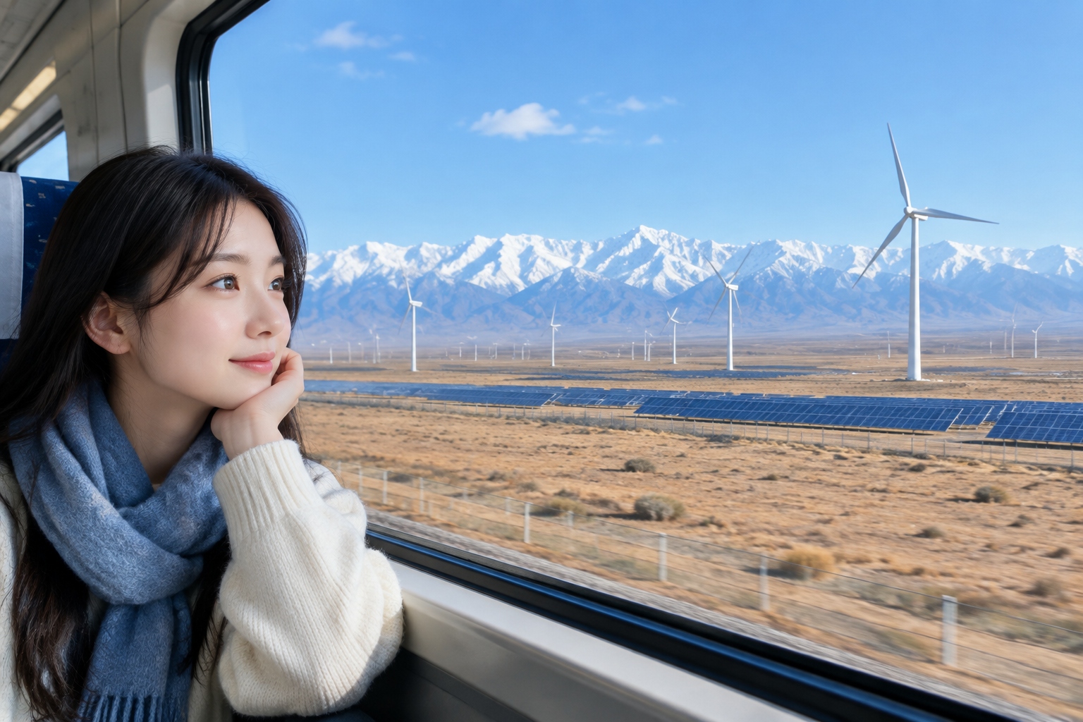24 Hours on a High-Speed Train: From China's Coast to Inland Deserts 25 Wind turbines and solar panels on the Gobi plain of the Hexi Corridor with the snow-capped Qilian Mountains on the horizon, seen from a high-speed train window