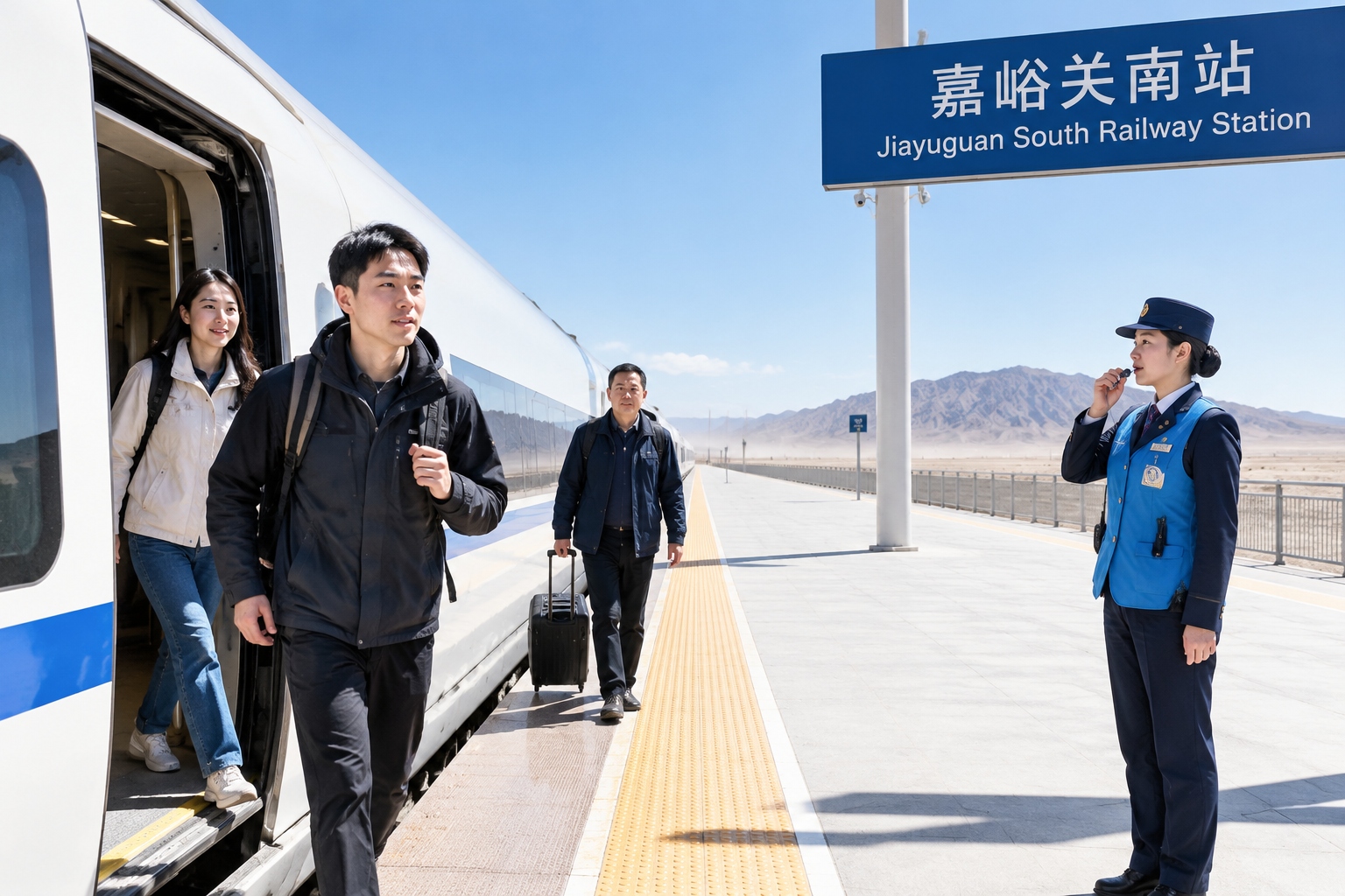 24 Hours on a High-Speed Train: From China's Coast to Inland Deserts 26 Passengers stepping off a high-speed train at Jiayuguan South station with the flat Gobi desert visible beyond the end of the platform