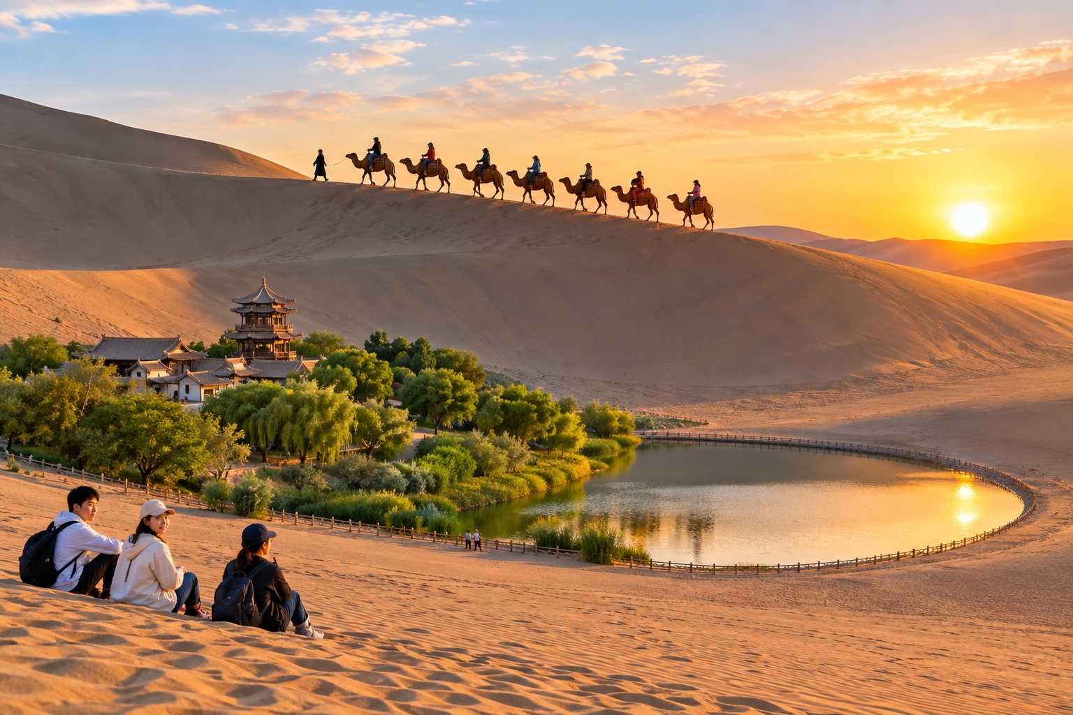 24 Hours on a High-Speed Train: From China's Coast to Inland Deserts 27 Camel riders silhouetted on the crest of the Mingsha Shan dunes at dusk near Dunhuang, with Crescent Lake and green trees below