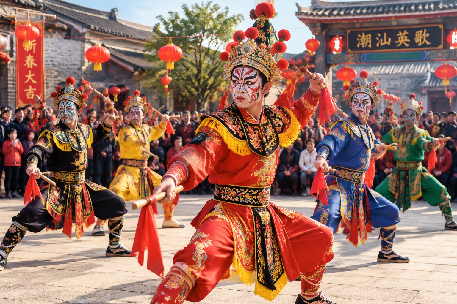 Yingge dancers performing in colorful costumes during Spring Festival in Chaoshan, China.