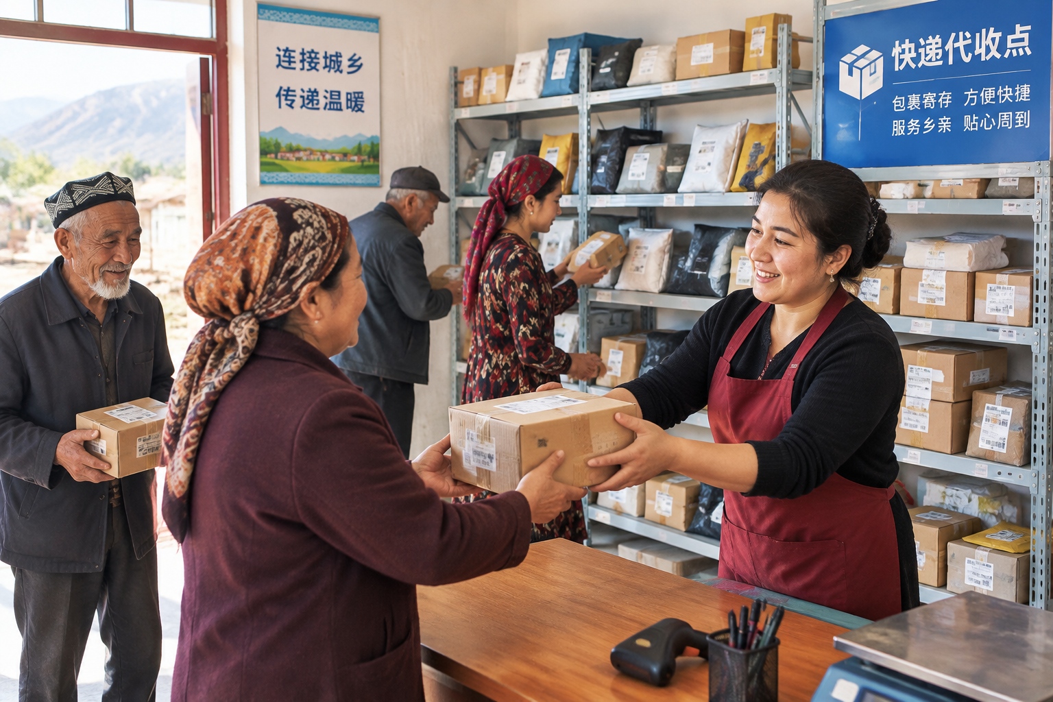 Villagers collecting parcels at a small express delivery pickup point in a Xinjiang village shop.