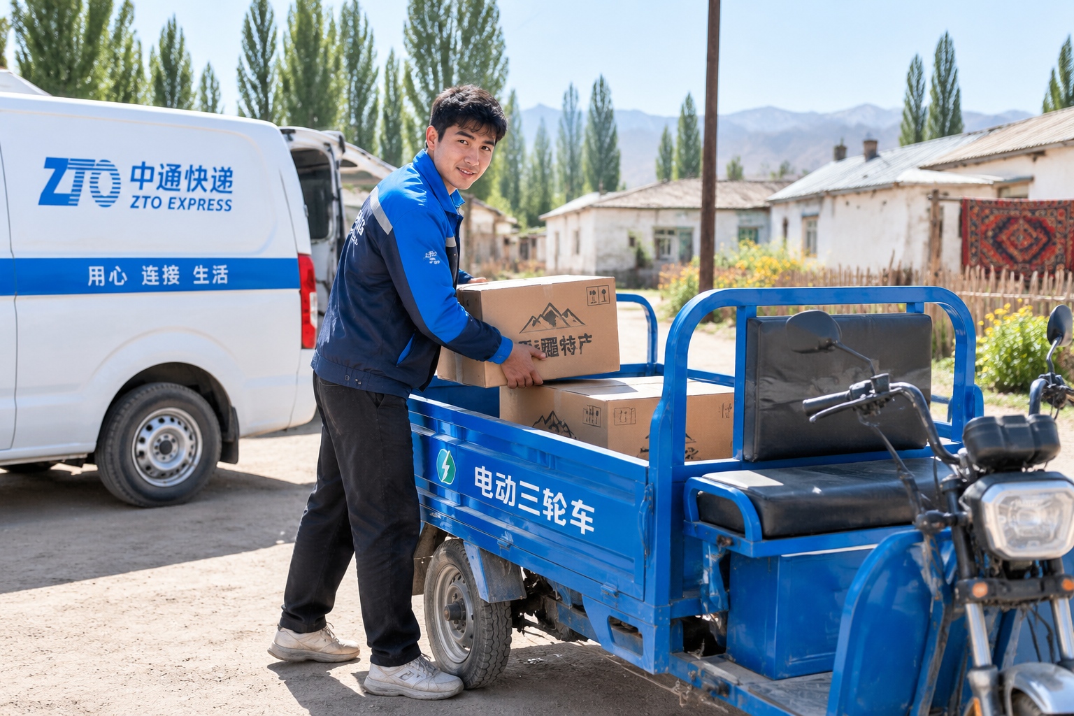 A delivery driver loading parcels onto an electric tricycle for the last-mile route in rural Xinjiang.