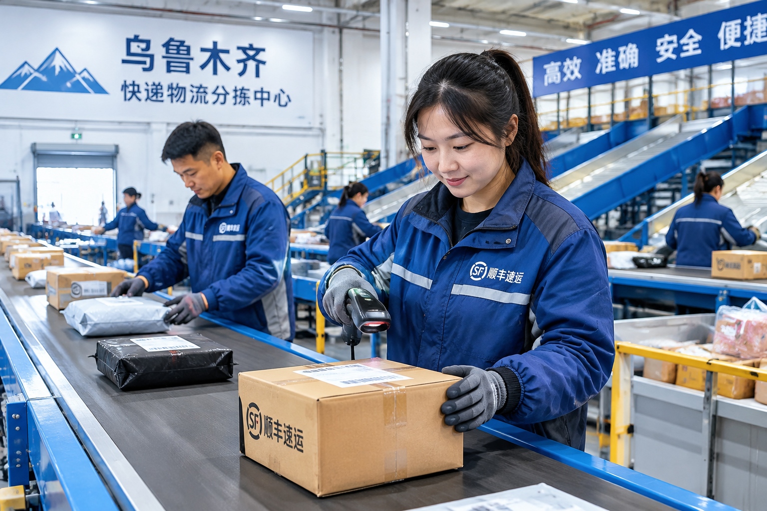 Workers sorting parcels at a logistics center in Urumqi, Xinjiang.