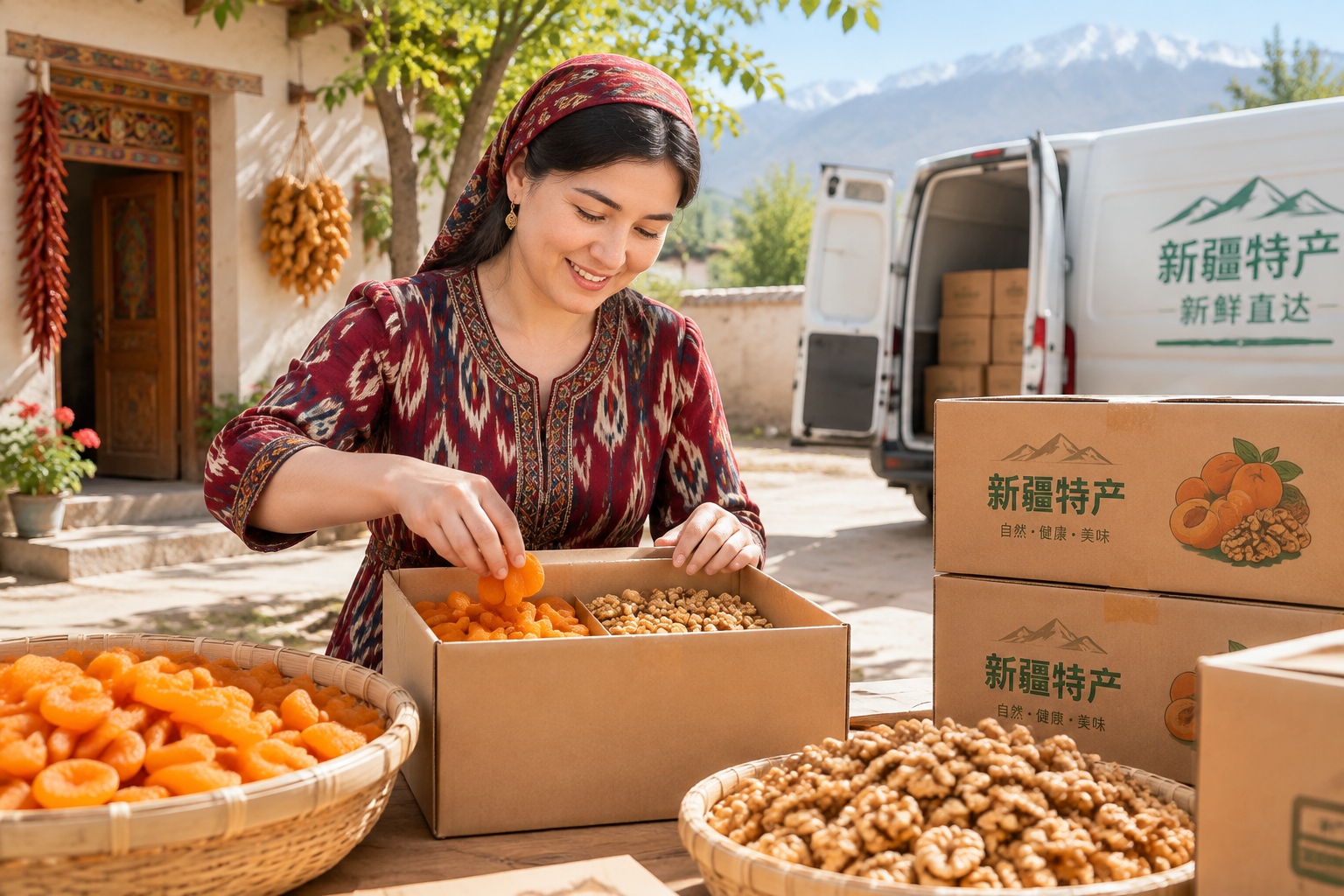 A farmer packing dried fruits and nuts for online orders in a Xinjiang village.