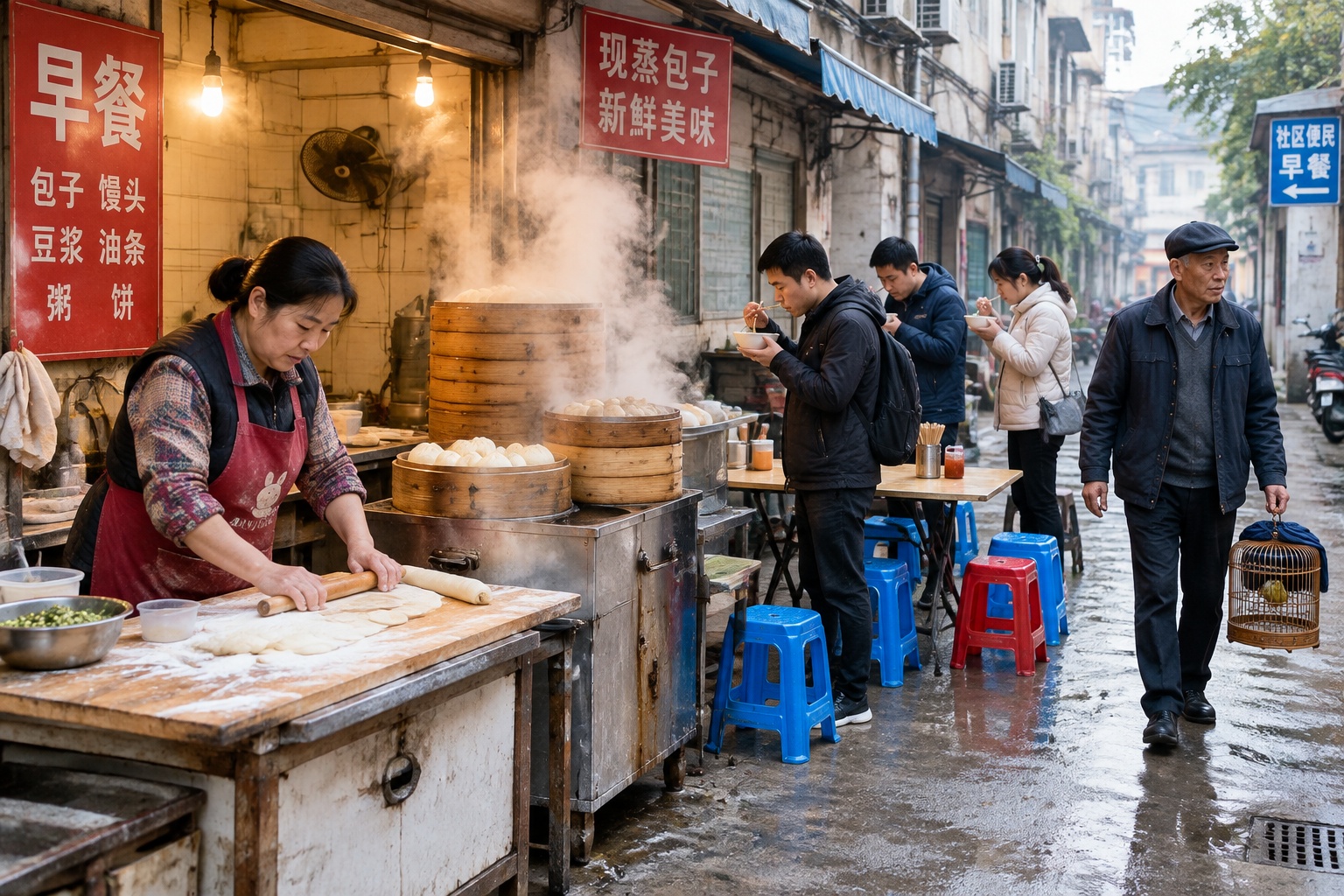 Woman making steamed buns at a small breakfast stall in a narrow Chinese alley at dawn, with commuters eating at low plastic stools and steam rising from bamboo baskets