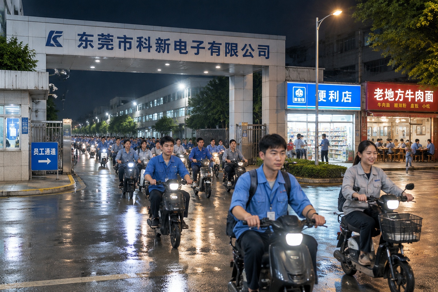 Hundreds of factory workers riding electric scooters out of a large electronics factory gate during a night shift change in Dongguan, China