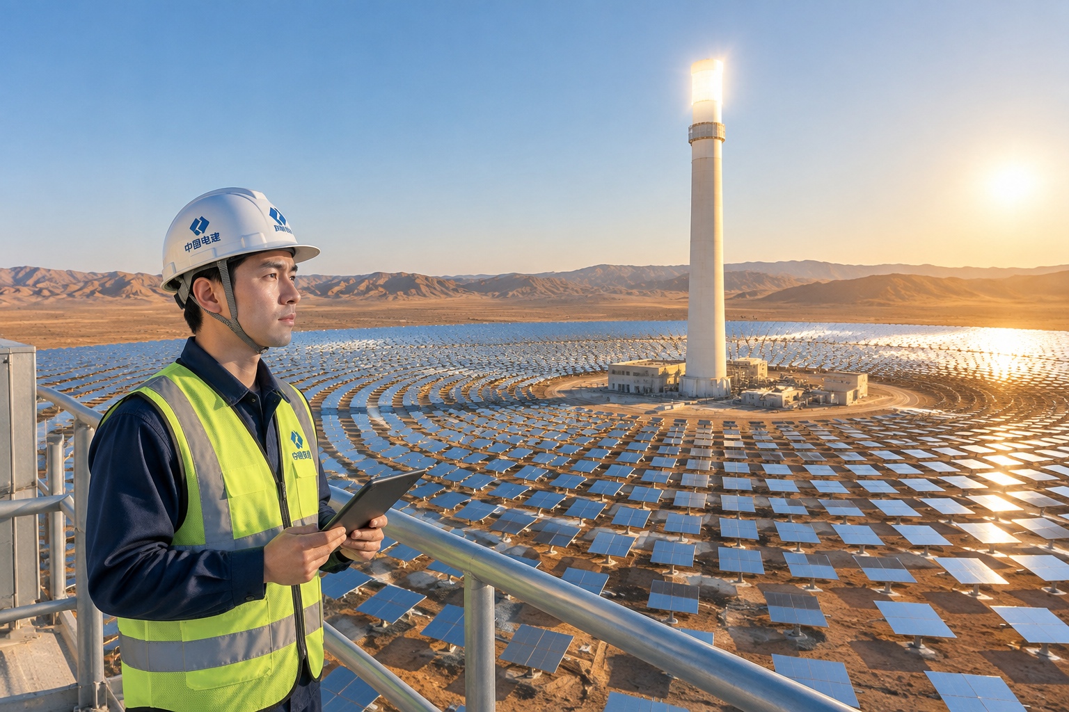 Technician with a tablet standing among thousands of mirrors arranged around a solar receiver tower at a concentrating solar power plant near Dunhuang, China