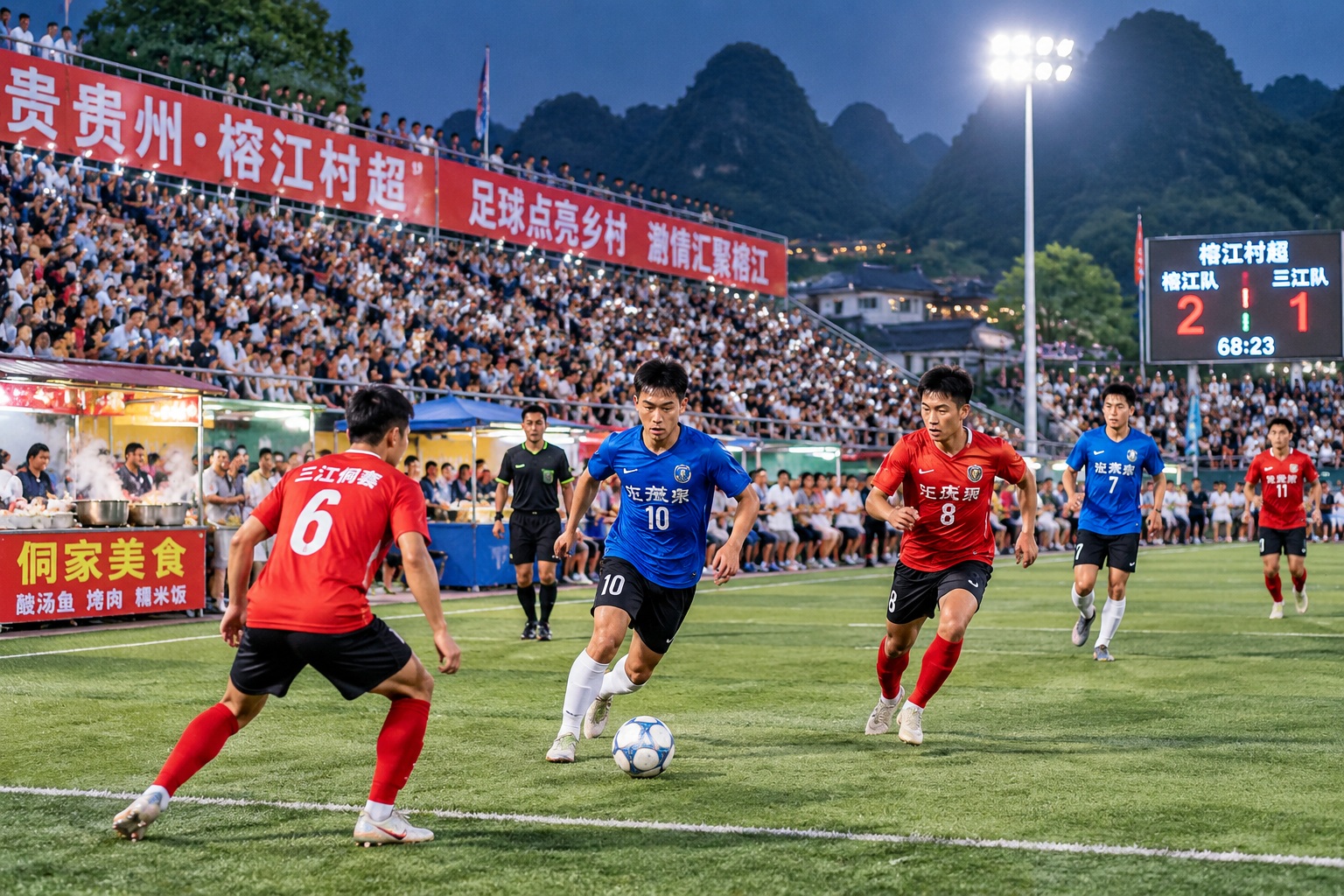 Amateur players competing in a floodlit village football match in Rongjiang, Guizhou, watched by thousands of spectators holding up phone lights