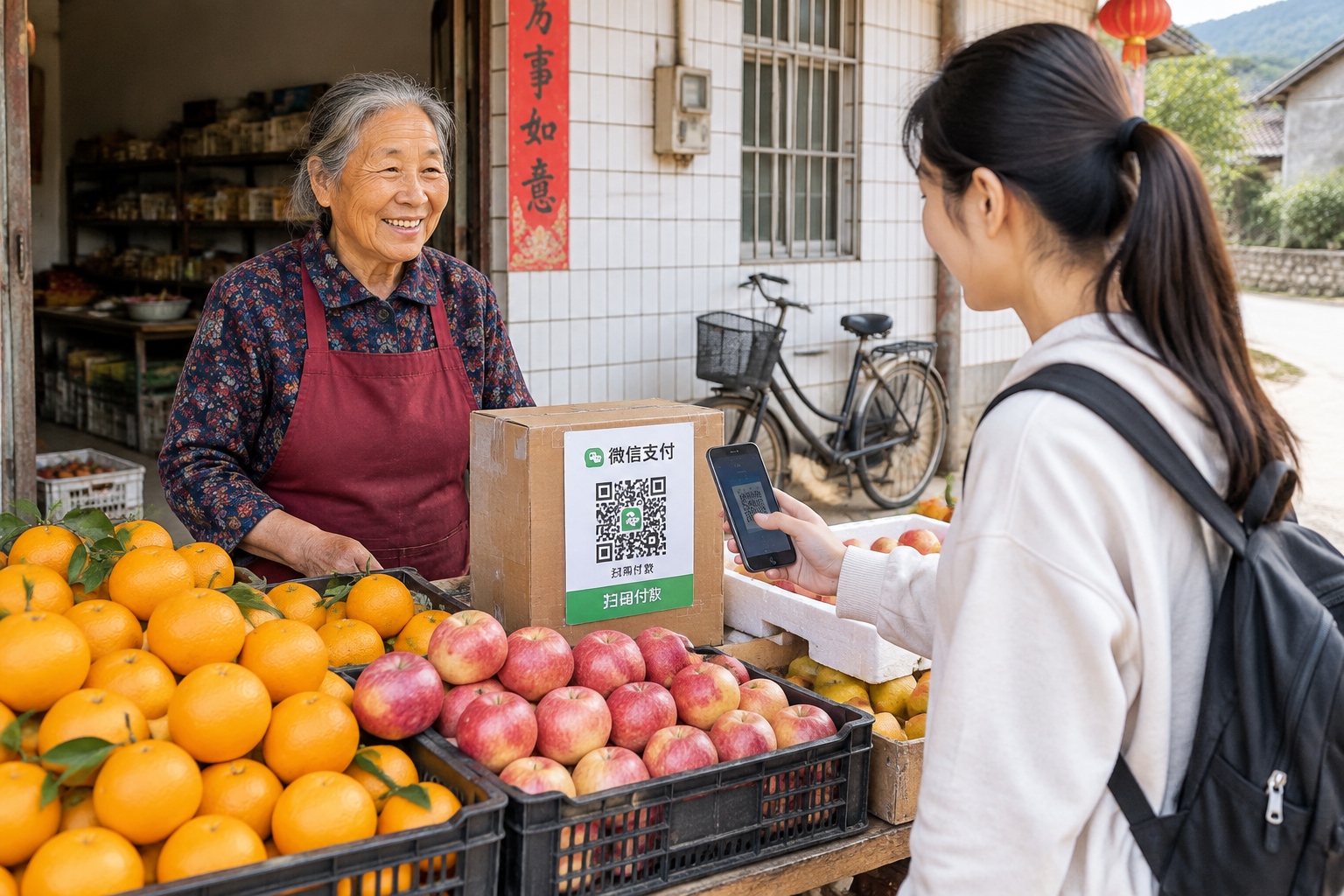 Elderly fruit vendor in a Chinese village watching a customer pay with a smartphone by scanning a QR code taped to a cardboard box