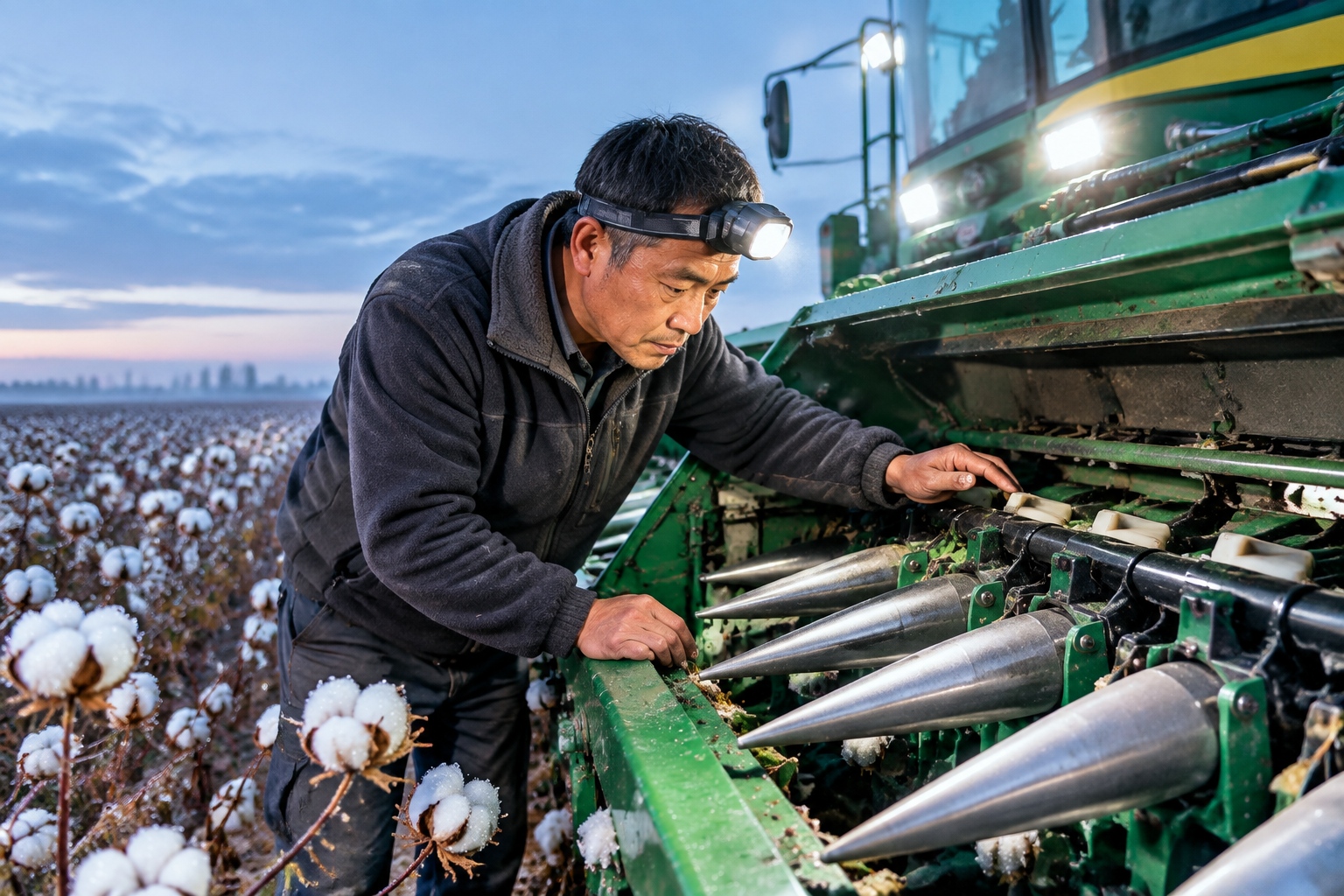 A Day on a Xinjiang Cotton Harvester: From Sunrise to Midnight 22 A cotton harvester operator inspecting the metal spindles on the picking head before sunrise in a field in northern Xinjiang