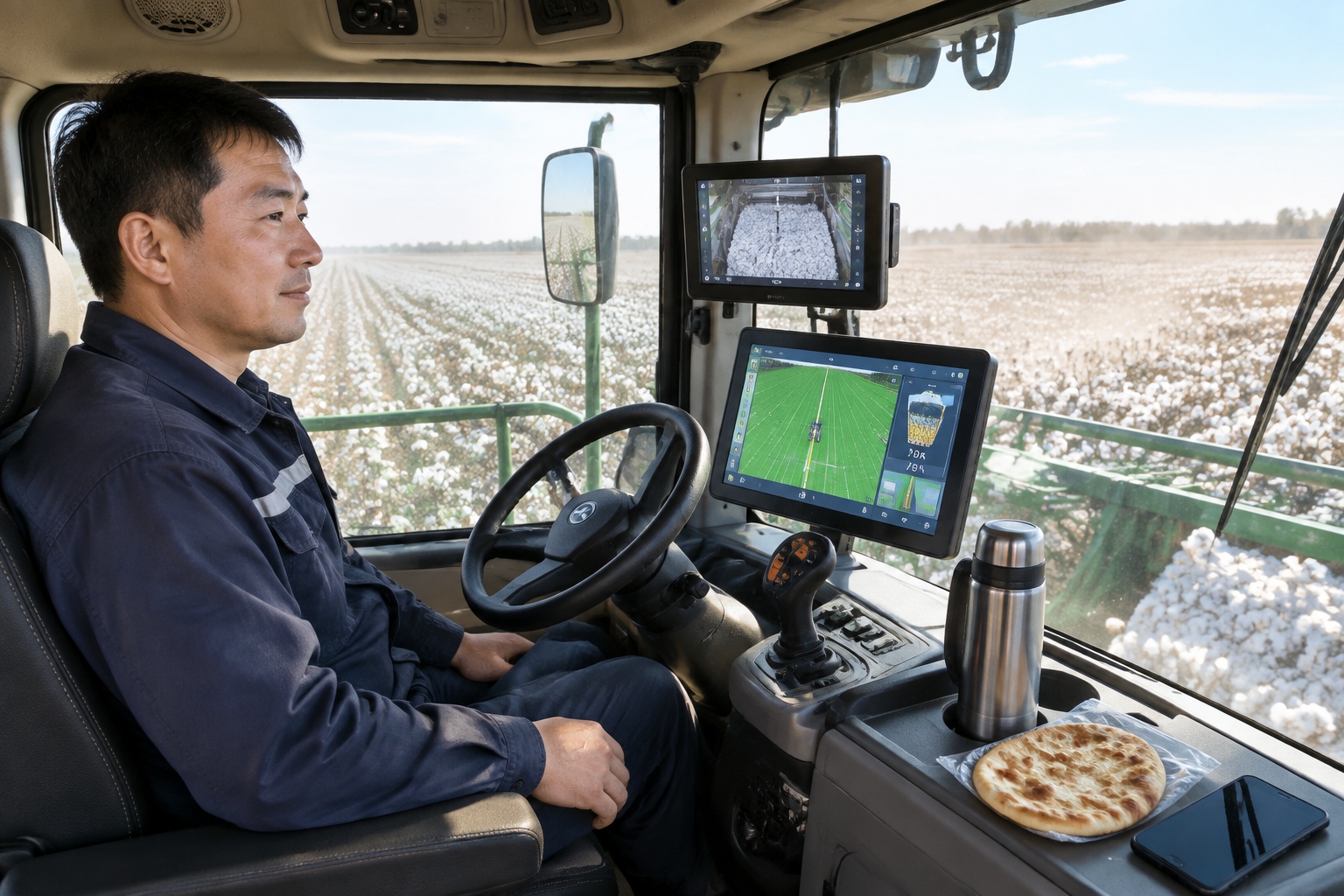 A Day on a Xinjiang Cotton Harvester: From Sunrise to Midnight 23 Inside the cab of a GPS-guided cotton harvester crossing a field in Xinjiang, with the field map and basket display visible on screen