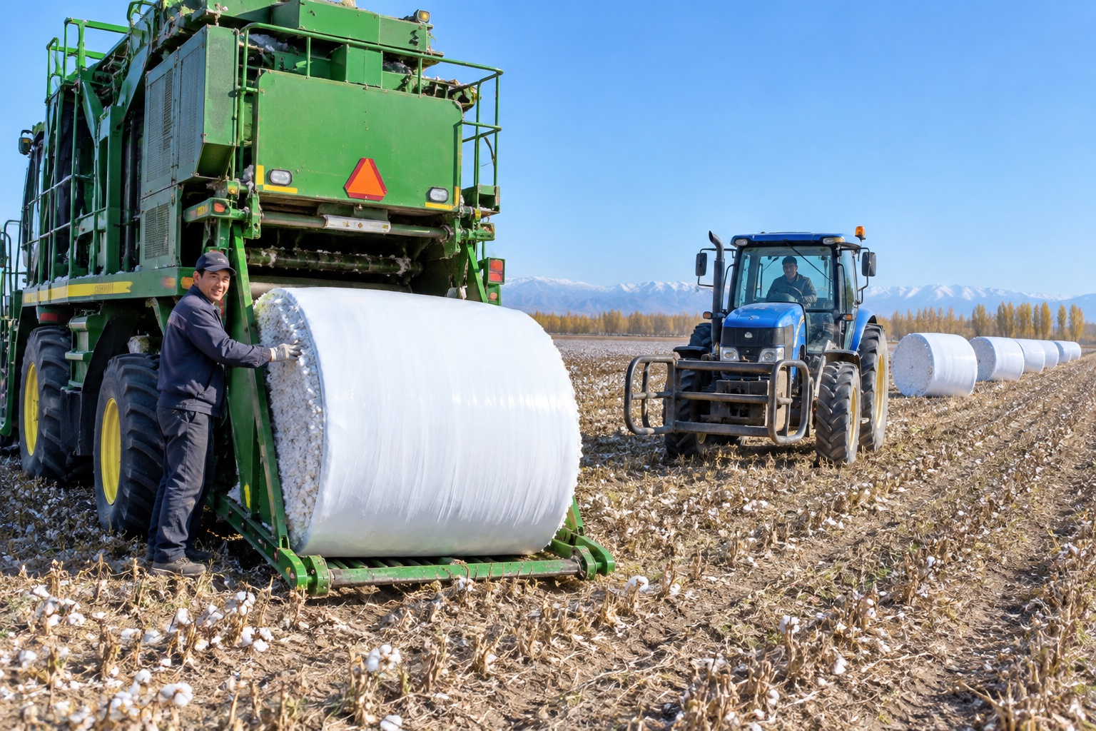 A Day on a Xinjiang Cotton Harvester: From Sunrise to Midnight 24 A round cotton module wrapped in white plastic rolling out of a harvester onto harvested ground in a Xinjiang field