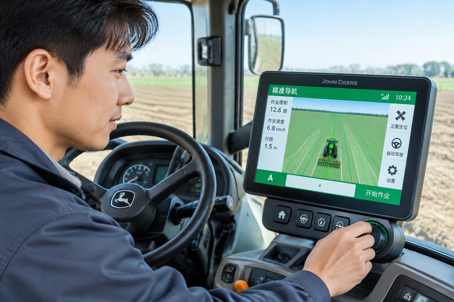 A tablet display inside a tractor cab shows a precision guidance map with straight green lines and a tractor icon, indicating autonomous steering.