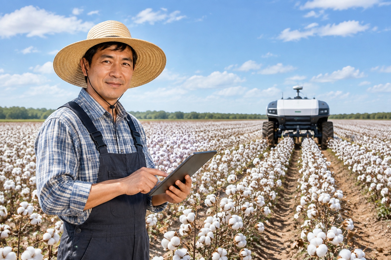A farmer in a sun hat stands at the edge of a cotton field, holding a tablet to monitor an autonomous tractor working in the distance.