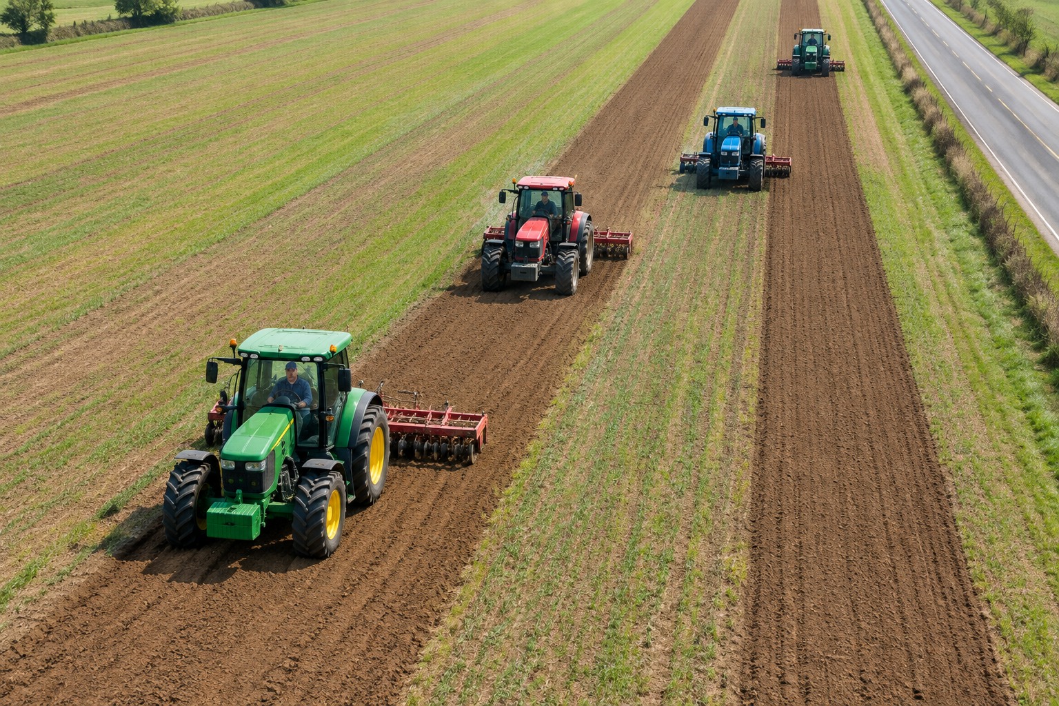 An aerial view of several tractors working in parallel across a large field, leaving perfectly straight lines of soil behind them.