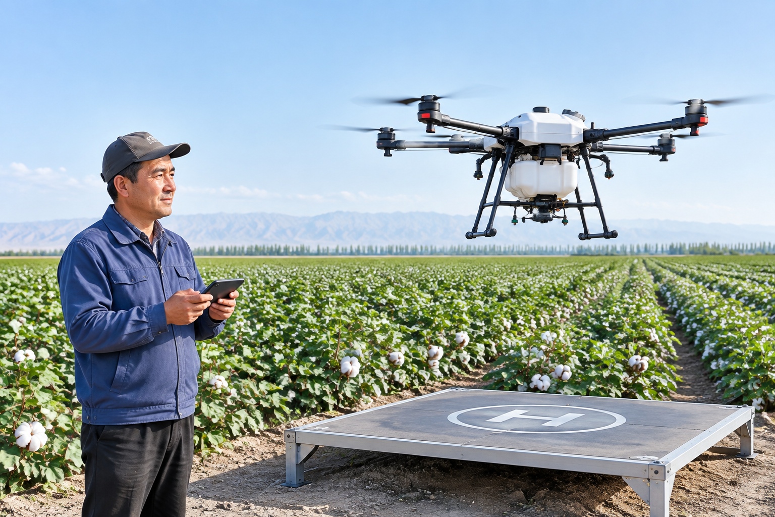 Farmer watching an agricultural drone take off over a cotton field in Xinjiang