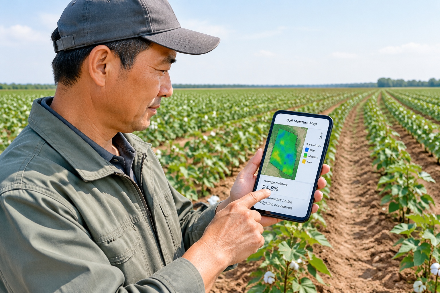 Farmer checking soil moisture data on a smartphone in a cotton field in Xinjiang