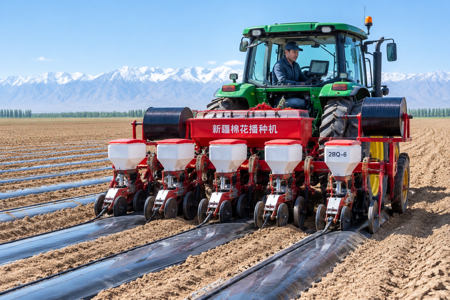 GPS-guided tractor planting cotton with drip irrigation tape in Xinjiang